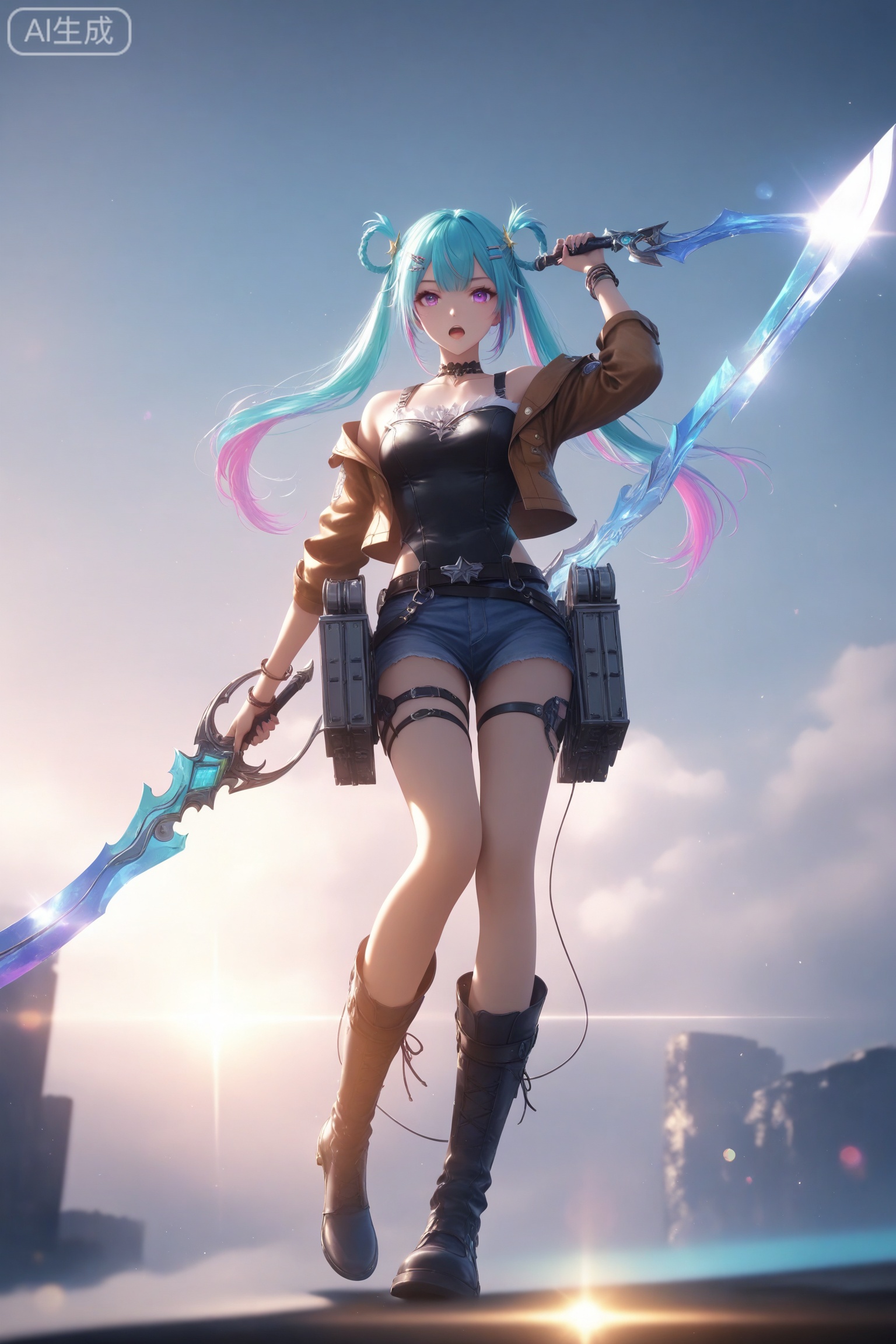 1girl, solo, long hair, looking at viewer, bangs, hair ornament, jewelry, purple eyes, braid, twintails,multicolored hair, choker, hairclip, pink eyes, off shoulder, star \(symbol\), nail polish, bracelet, aqua hair, ring, hair rings, star hair ornament, off-shoulder shirt,open mouth, simple background, white background, holding, green eyes, jacket, full body, weapon, male focus, boots, belt, sword, thigh strap, dual wielding, paradis military uniform, wire, three-dimensional maneuver gear , depth of field, light particles, lens flare ,backlighting,depth of field,cinematic lighting,light particles,lens flare, extreme aesthetic,(wlop:0.8),masterpiece,best quality,good quality,newest,very aesthetic,absurdres,A shot with tension, 32K UHD,sharp focus,best-quality,masterpiece,Emotionalization,temperate atmosphere,with a high-end texture,in the style of fashion photography, (Visual impact:1.2),impactful picture,offcial art,colorful,movie perspective, masterpiece