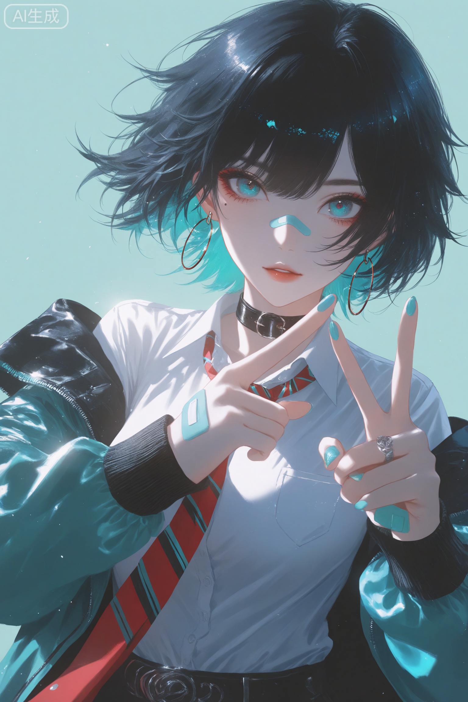 depth of field,light particles,lens flare,(artist:quasarcake:0.8),extreme aesthetic,(wlop:0.6),wanke,rella,wanke,masterpiece,best quality,good quality,newest,year 2024,year 2023,very aesthetic,absurdres,Visual impact,Electromotive force,perspective composition,A shot with tension,ultra-high resolution,32K UHD,sharp focus,best quality,masterpiece,Emotionalization masterpiece,unconventional supreme,masterful details,with a high end texture,in the style of fashion photography,(Visual impact:1.2),giving the poster a dynamic and visually striking appearance,impactful picture,offcial art,colorful,splash of color,movie perspective,masterpiece,best quality,amazing quality,very aesthetic,absurdres,best quality,newest,masterpiece,best quality,good quality, bandaid,1girl,bandaid on face,solo,shirt,bandaid on nose,bandaid on hand,jewelry,necktie,earrings,jacket,collared shirt,looking at viewer,striped necktie,simple background,aqua nails,short hair,aqua background,nail polish,red necktie,aqua jacket,parted lips,upper body,black hair,aqua theme,collar,white shirt,long sleeves,off shoulder,choker,ring,w,green nails,aqua eyes,belt collar,mole,mole under eye,open jacket,fingernails,open clothes,single off shoulder,black choker,sidelocks,diagonal-striped clothes,striped clothes,green jacket,green background,blue eyes,v,black collar,diagonal-striped necktie,blue jacket,hands up,bob cut,blue nails,hoop earrings,