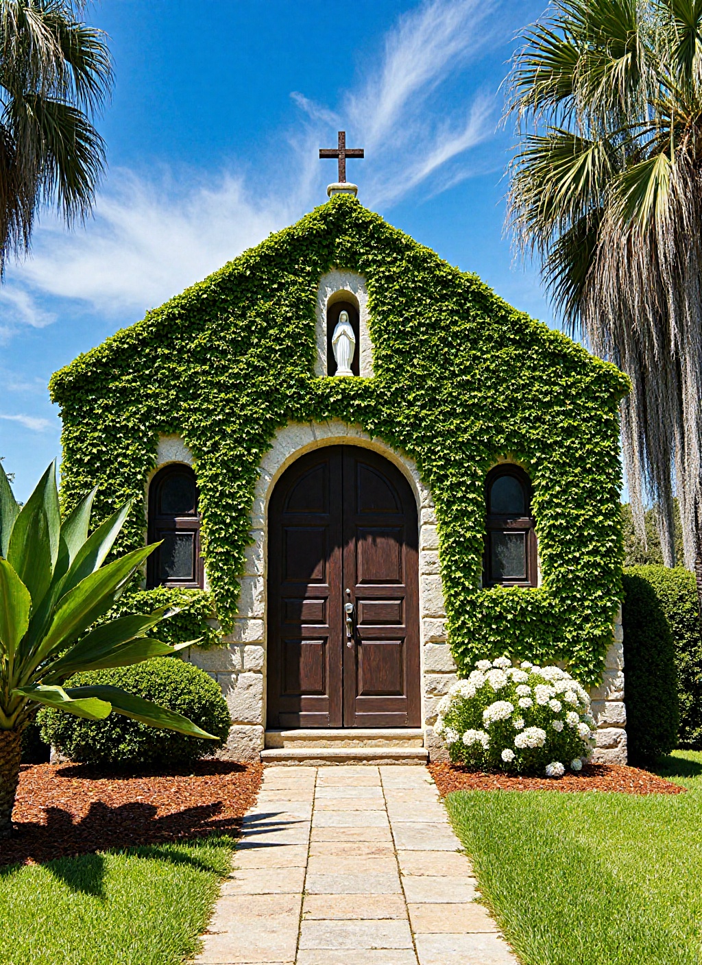 This is a picturesque,  sunlit photograph of a charming,  ivy-covered chapel or small church nestled in a lush on Tensor.Art