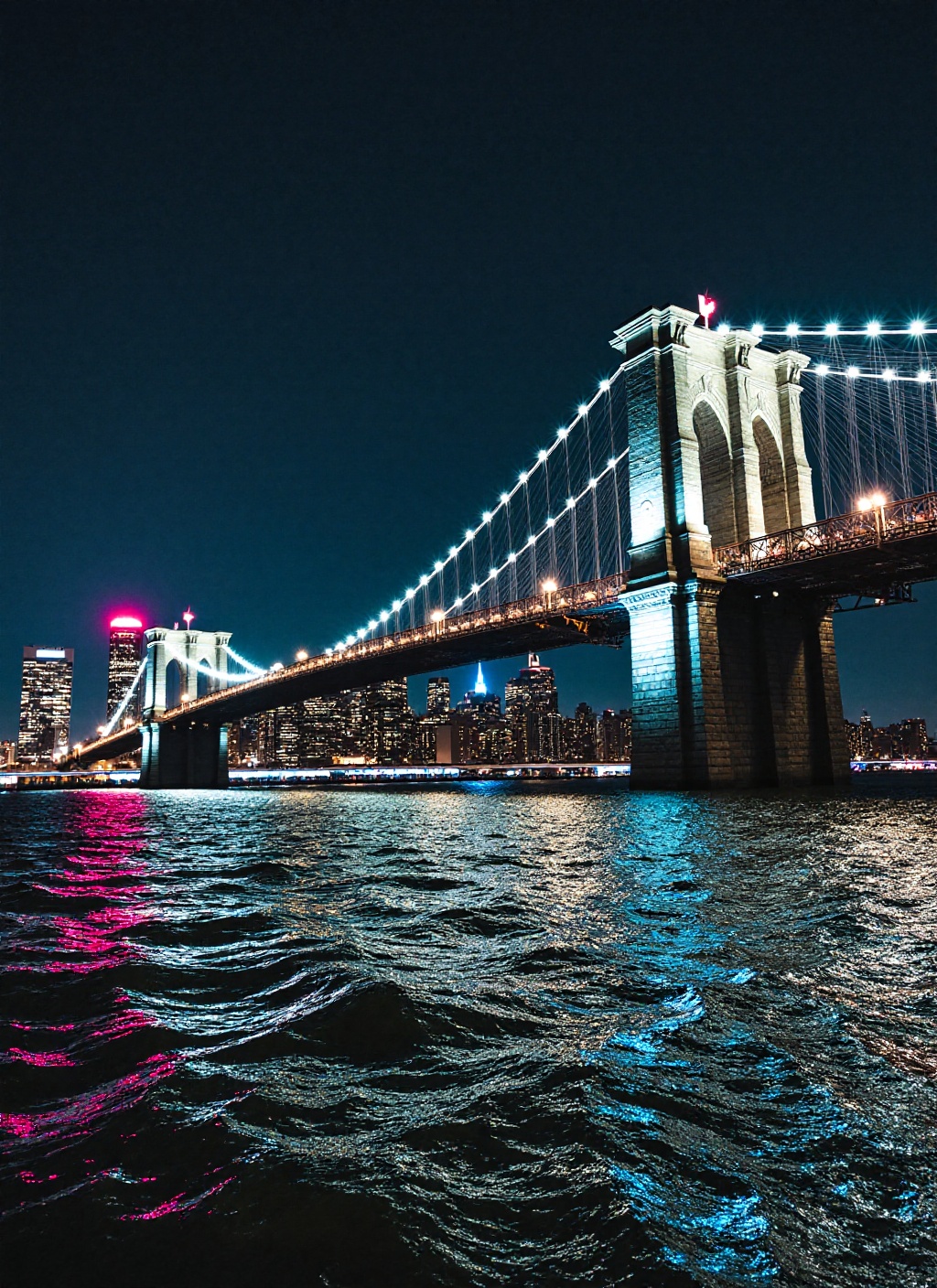This is a stunning nighttime photograph capturing the Brooklyn Bridge from a vantage point on the water,  likely from a bo...