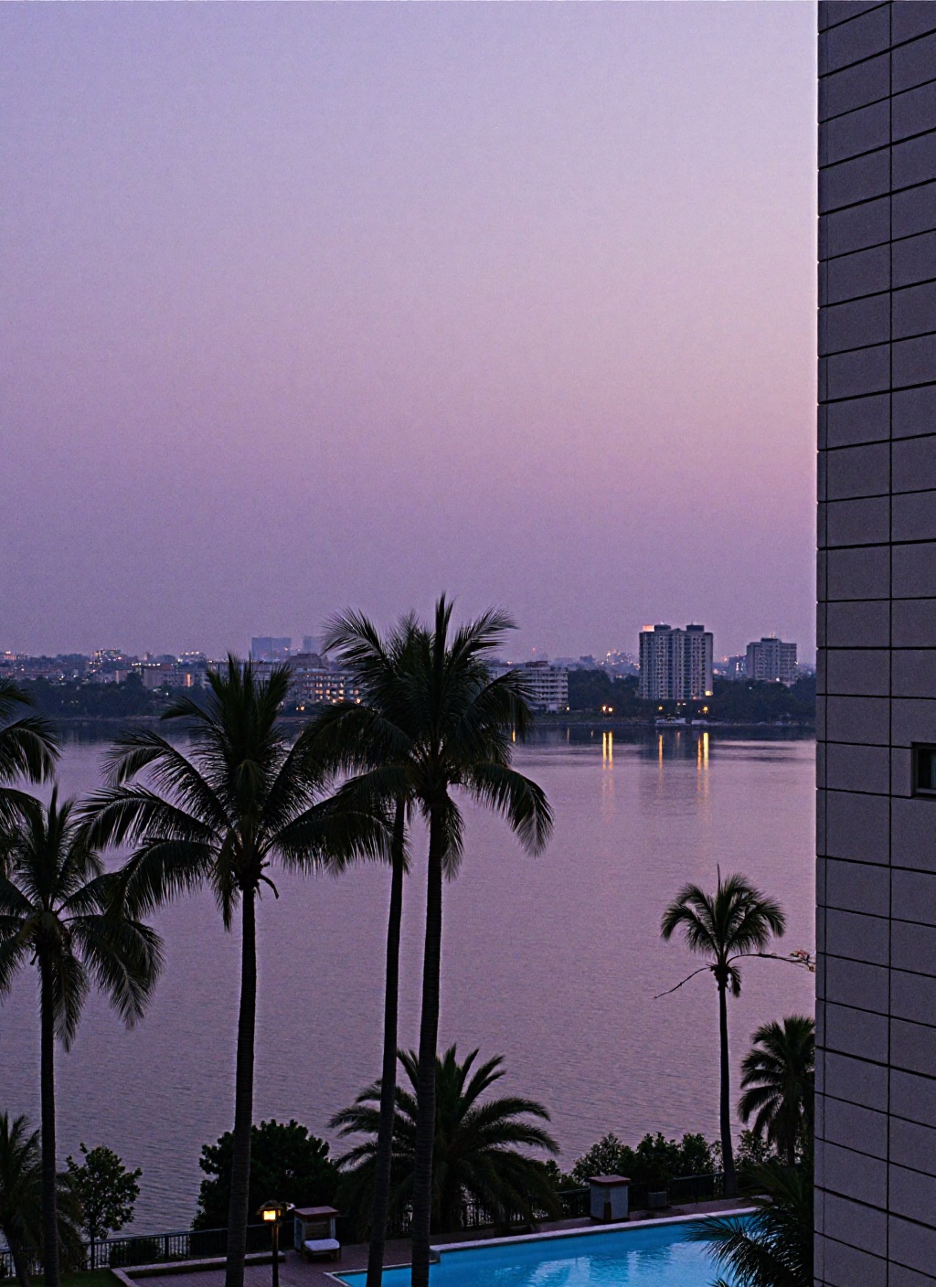 This is a serene twilight scene overlooking a calm body of water,  likely a lake or lagoon,  framed by palm trees and urba...
