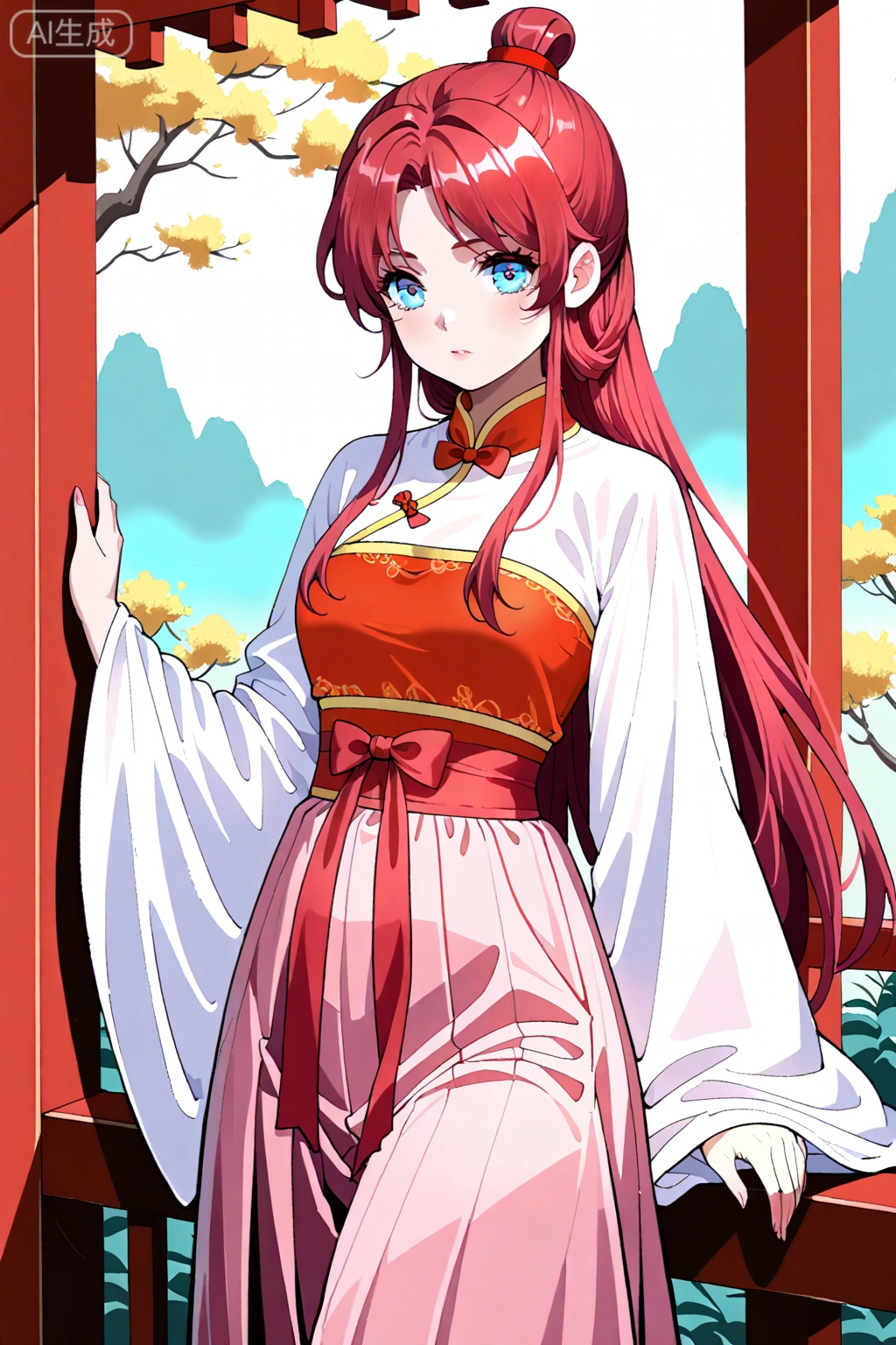 best quality,amazing quality,1girl,solo, red hair, long hair, blue eyes,chinese clothes, hanfu, ponytail, single hair bun, white sleeves, wide sleeves, long sleeves, pink hakama, hakama skirt, red sash, red bow, 苏颖,