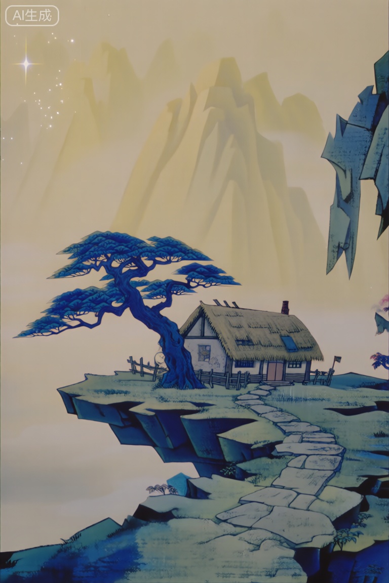 国产经典动画《葫芦兄弟》中的场景,画面里,悬崖边缘坐落着一间茅草屋,屋顶铺着茅草,屋旁竖着木栅栏,一条石板小径蜿蜒而出。一棵造型苍劲的蓝色松树生长于此,枝丫舒展。远处群山在淡黄色的雾气笼罩下,若隐若现,左上角还有闪耀的光点,整个场景充满神秘的东方韵味,以剪纸动画的独特风格,展现出宁静又奇幻的氛围。