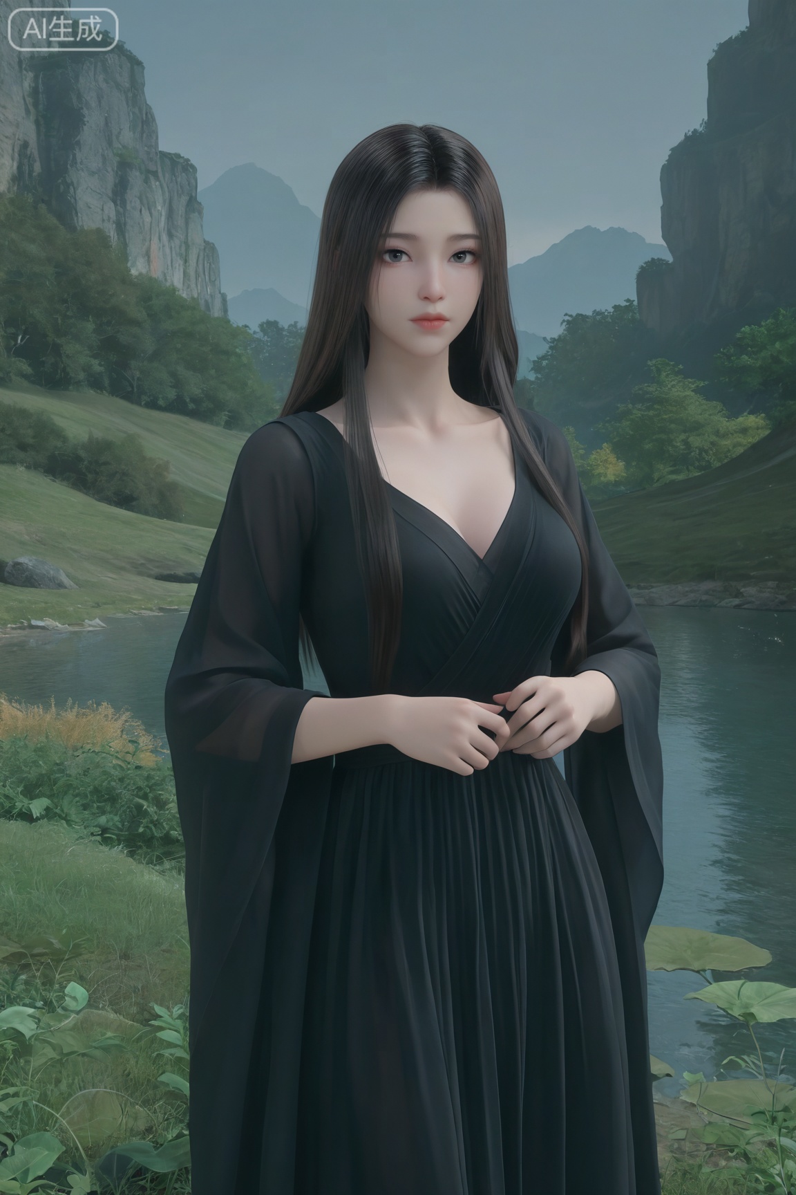 1girl, solo, long hair, looking at viewer, brown hair, black hair, long sleeves, standing,black dress,wide sleeves, lips, simple background, 

Masterpiece, best quality, amazing quality, newest, very aesthetic, absurdres, (scenery:1.4), 8k, good anatomy, good shading, ultra detailed, refined details, high resolution, HD, masterwork,high detail ,Exquisite beauty, charming, 3D