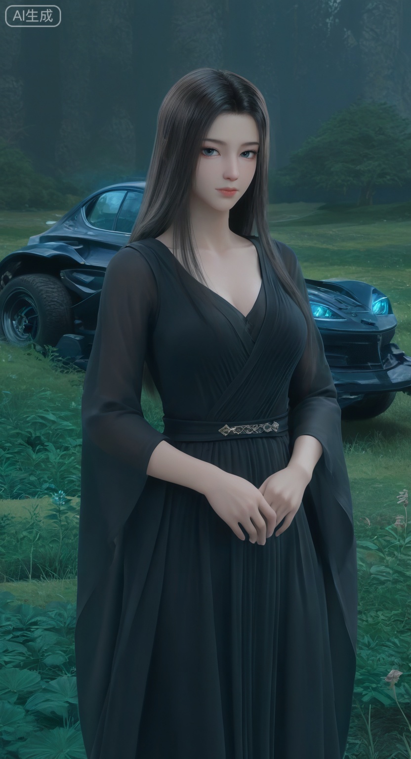1girl, solo, long hair, looking at viewer, brown hair, black hair, long sleeves, standing,black dress,wide sleeves, lips, simple background, 

Masterpiece, best quality, amazing quality, newest, very aesthetic, absurdres, (scenery:1.4), 8k, good anatomy, good shading, ultra detailed, refined details, high resolution, HD, masterwork,high detail ,Exquisite beauty, charming, 3D real-person modeling, overall high-definition contrast, reasonable lighting. High-definition blue light quality. Ultra-high-definition rendering.Clear image, beyond the rendering precision of game engines, realistic and delicate skin texture, master-level cinematic image standards, hyper-realistic, realistic rendering, realistic lighting and shadows. Brightness, glamorous, cool color scheme, lifelike, HDR, sense of depth, ultra-clear rendering by virtual engine.3D rendering, anime realistic mixed style, surrealism, she has a perfect figure, plump, curvaceous,