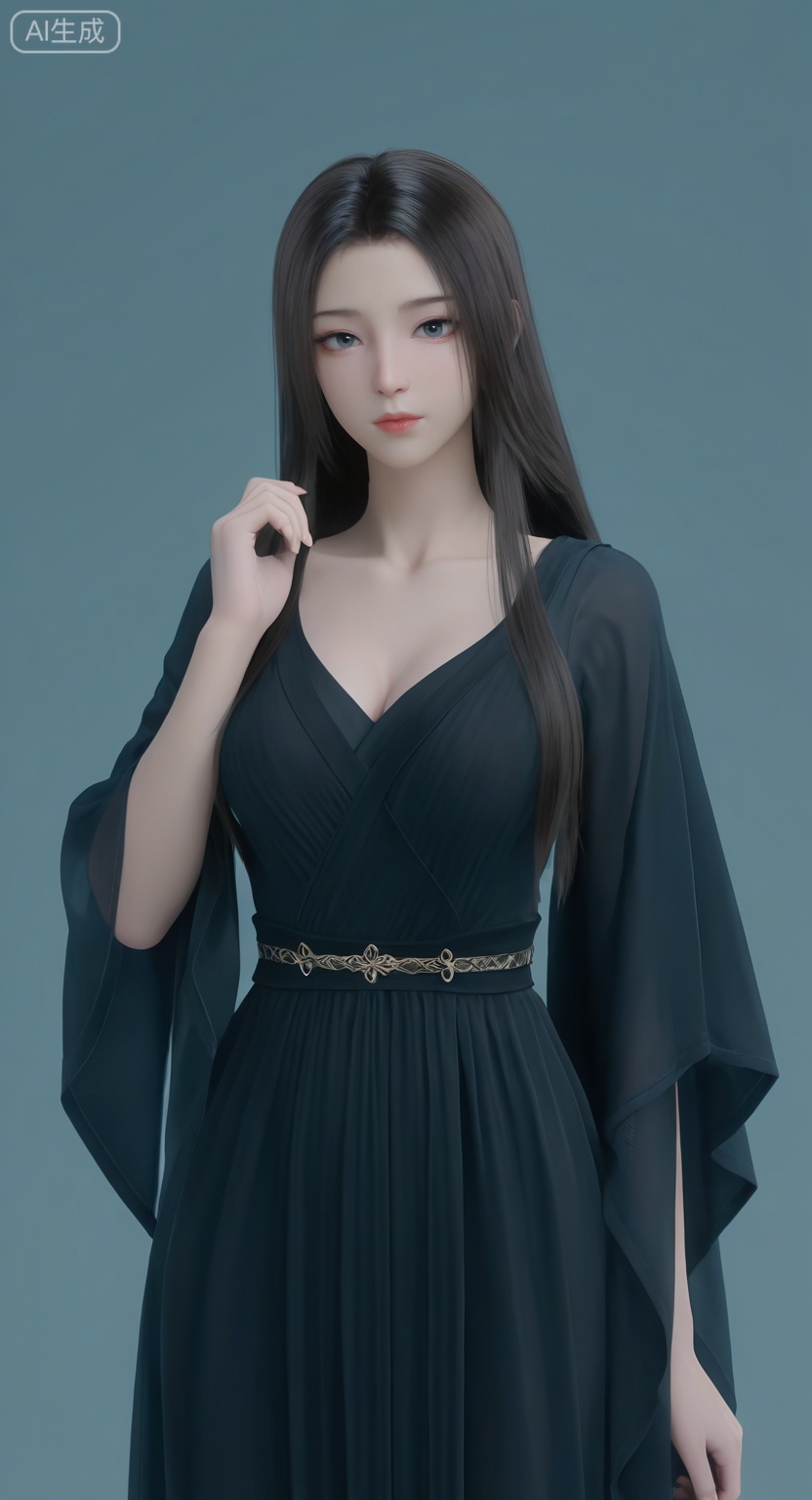 1girl, solo, long hair, looking at viewer, brown hair, black hair, long sleeves, standing,black dress,wide sleeves, lips, simple background, 

Masterpiece, best quality, amazing quality, newest, very aesthetic, absurdres, 8k, good anatomy, good shading, ultra detailed, refined details, high resolution, HD, masterwork,high detail ,Exquisite beauty, charming, 3D real-person modeling, overall high-definition contrast, reasonable lighting. High-definition blue light quality. Ultra-high-definition rendering.Clear image, 