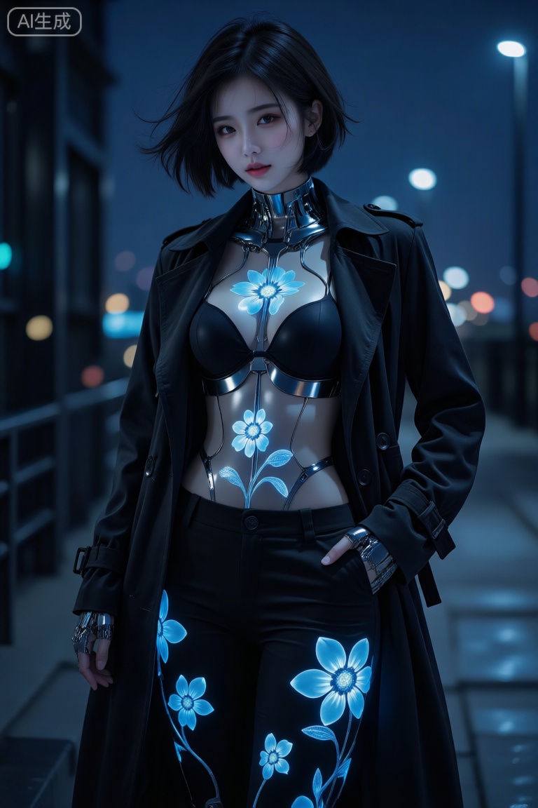 一个美女穿着黑色风衣,短发,黑色胸罩,黑色裤子,科幻金属连体衣,上面有发光的花朵图案,夜晚