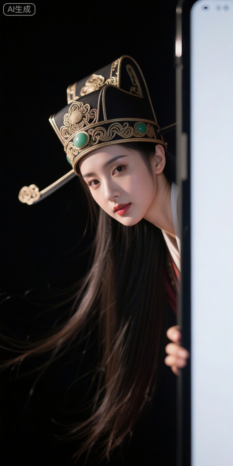 一个美女从屏幕外伸进来一只脑袋看着镜头,戴着状元帽,面部特写,大面积留白,长发垂在空中,黑暗背景,侧光,发丝,写实,胶片质感,大师摄影