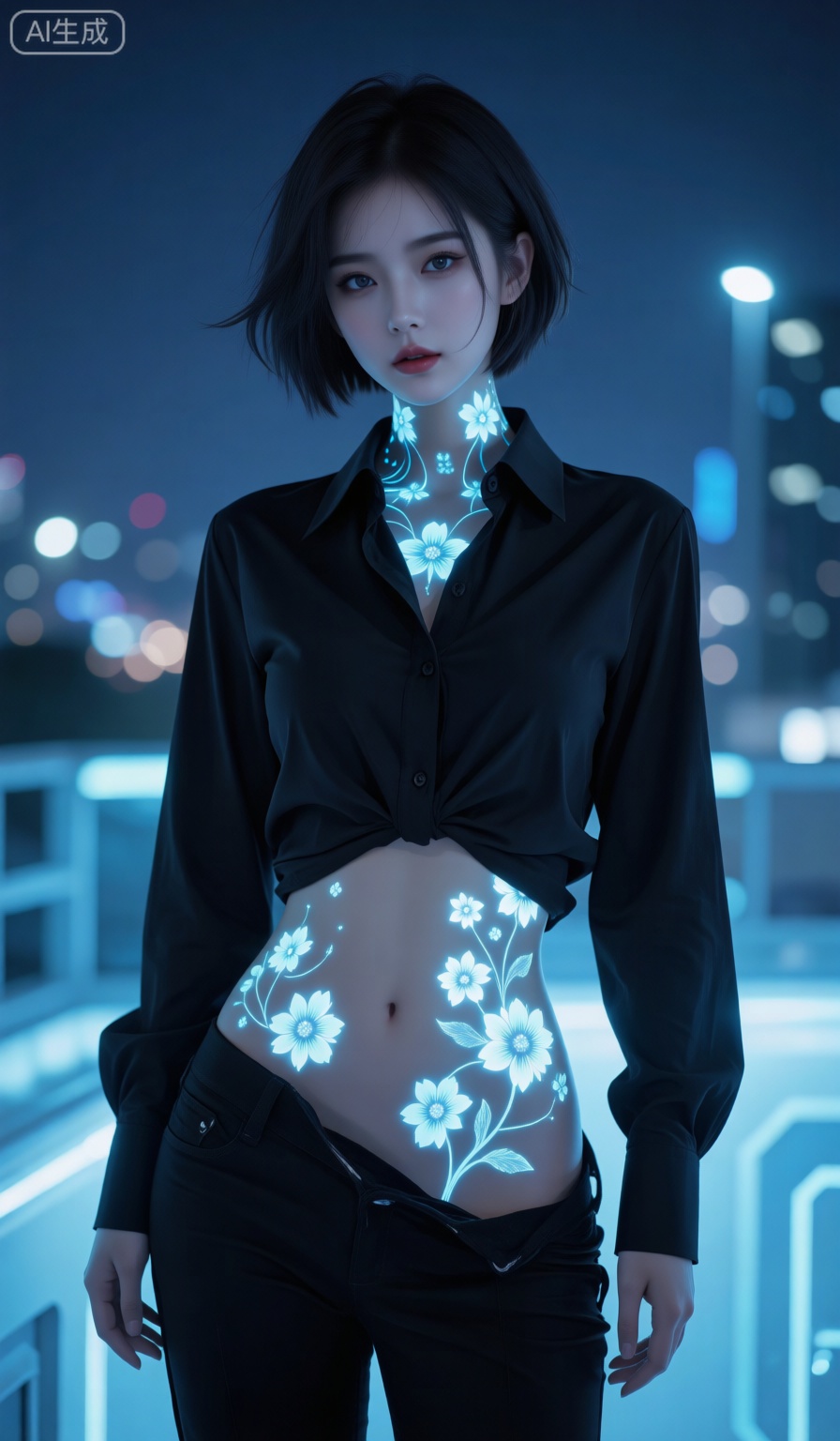 一个美女穿着黑色有领衬衫,短发,滑落的黑色裤子,科幻,肚子和脖子皮肤上面有发光的花朵图案,夜晚