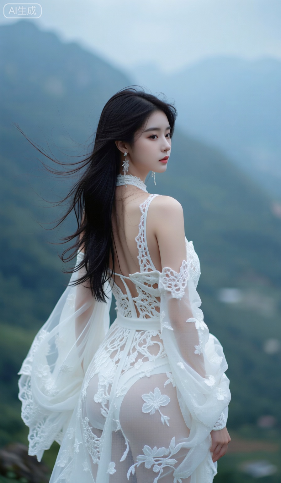 一位美丽的年轻亚洲女人的照片,有着长长的黑发,穿着白色,错综复杂的蕾丝式连衣裙,带有花卉图案。她站在雾蒙蒙的山区背景上,背部微微转过身,宁静地看着她的肩膀。这件衣服具有纯粹,飘逸的品质。她戴着精致的垂悬的耳环。照明柔软自然,增强了空灵而梦幻的氛围。该图像具有浪漫,幻想的美学,重点是优雅和优雅。