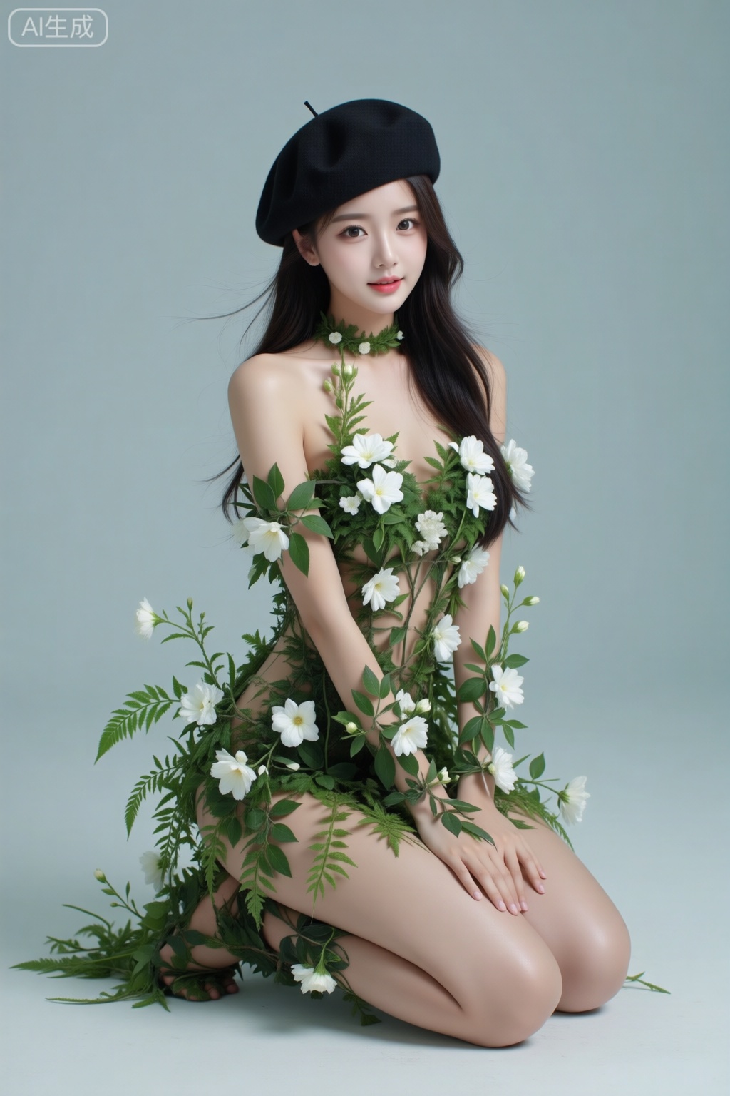 一个美女穿着植物衣服,装饰着白色的花朵,黑色贝雷帽,跪着,纯色背景
