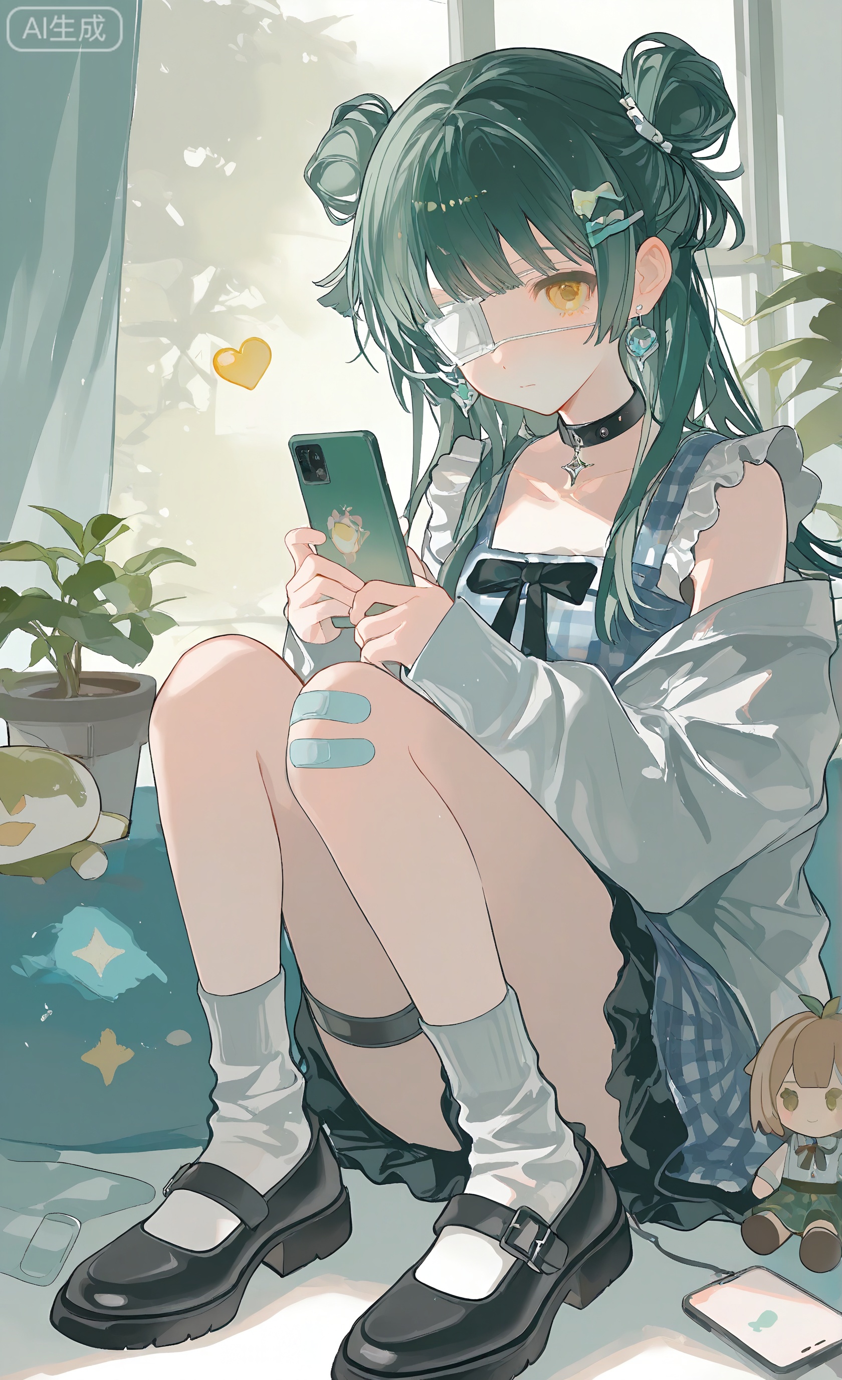 1girl, solo, long hair, looking at viewer, bangs, hair ornament, long sleeves, dress, bow, jewelry, sitting, closed mouth, jacket, full body, yellow eyes, heart, earrings, frills, food, green hair, shoes, sleeveless, choker, socks, hairclip, belt, indoors, off shoulder, hair bun, black footwear, plaid, window, double bun, black bow, black choker, phone, eyepatch, white jacket, cellphone, plant, white socks, bandaid, knees up, smartphone, black belt, character doll, potted plant, bandaid on leg, bandaid on knee, plaid dress