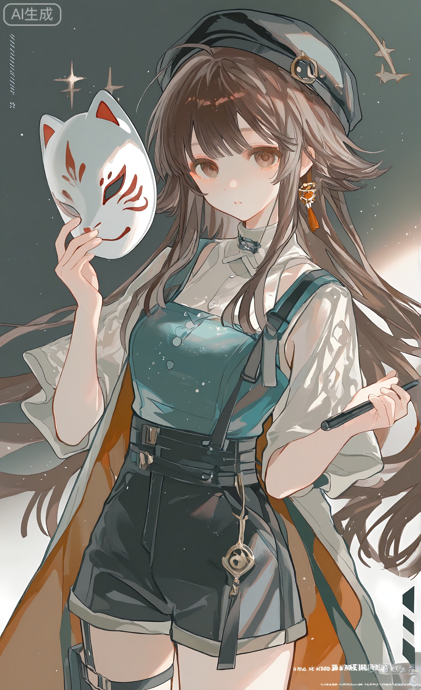 1girl, solo, long hair, looking at viewer, bangs, brown hair, shirt, hat, holding, brown eyes, ahoge, sidelocks, cowboy shot, parted lips, shorts, short shorts, black headwear, thigh strap, mask, black shorts, holding mask