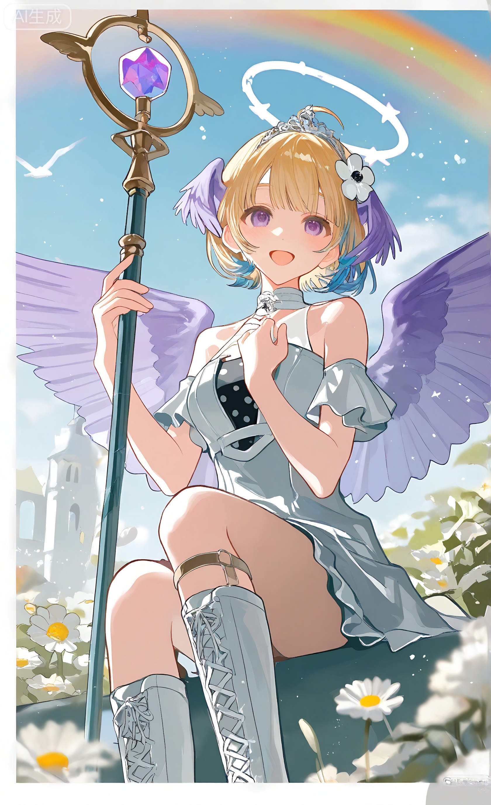 1girl, solo, breasts, smile, short hair, open mouth, bangs, blonde hair, hair ornament, dress, holding, sitting, blue hair, purple eyes, flower, ahoge, multicolored hair, boots, detached sleeves, wings, sky, virtual youtuber, hair flower, white dress, halo, white footwear, knee boots, tiara, white flower, hand on own chest, staff, head wings, holding staff, rainbow, purple wings