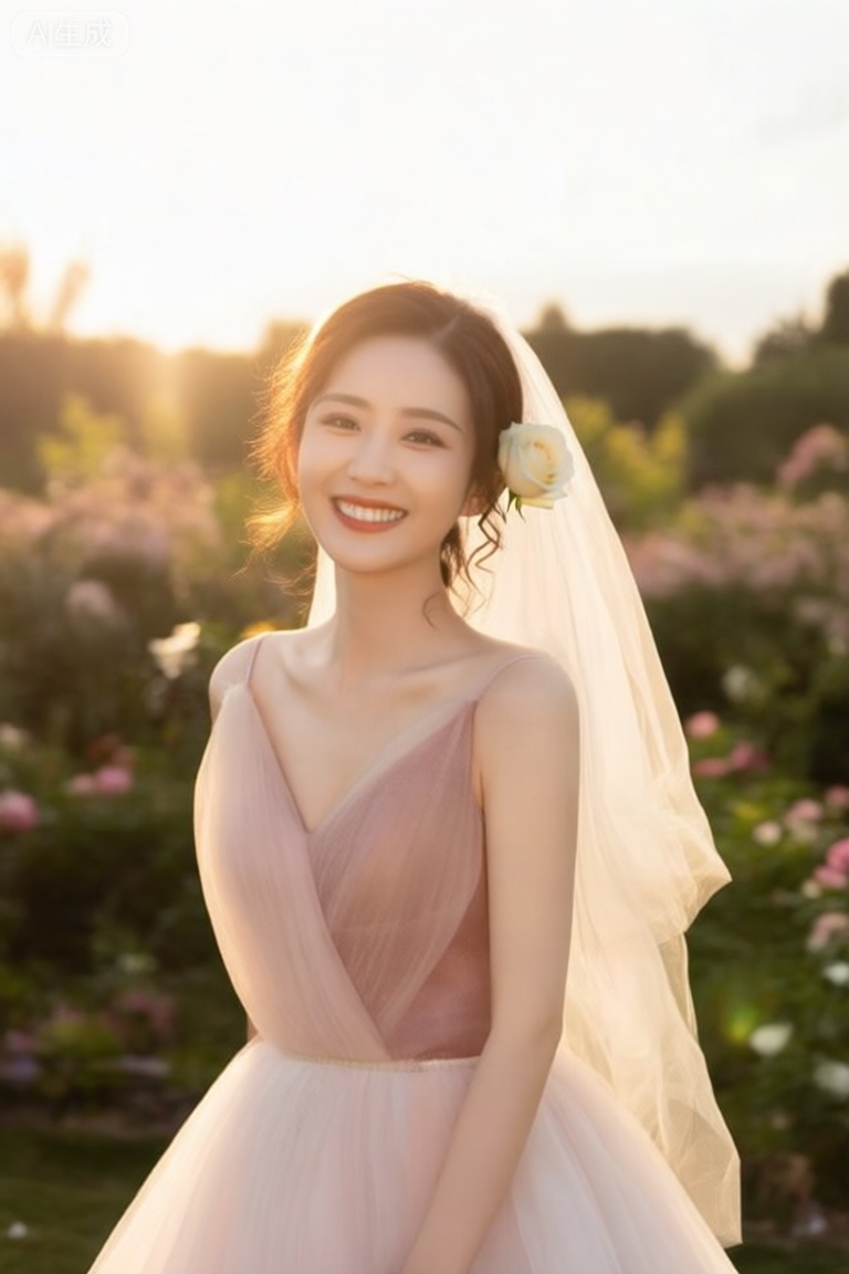 xinjiang,一位新娘在傍晚的花园中,牛仔镜头。她穿着一件轻盈的A字裙摆婚纱,头纱随意地披散下来。妆容是浪漫的粉棕色调,发型是慵懒的波浪卷发,耳边别着一朵新鲜的白色玫瑰。她沐浴在黄金小时的逆光中,阳光为她的发丝和头纱勾勒出金色的轮廓光,脸上洋溢着自然、幸福的大笑,笑容极具感染力。

**摄影参数：** 户外逆光人像,使用蔡司Batis 85mm f/1.8 镜头拍摄,f/2.2 光圈。利用日落前的逆光拍摄,使用银色反光板将光线反射至面部,确保脸部明亮通透。ISO 200,快门速度1/500s。

**画质与细节：** 充满空气感和幸福感。清晰可见被阳光照透的发丝和头纱、皮肤上细微的绒毛、花朵的新鲜水润感以及眼中有神的眼神光。画面色调温暖,高光柔和,阴影有细节,捕捉到最真实动人的情感瞬间,杜绝任何摆拍僵硬感。