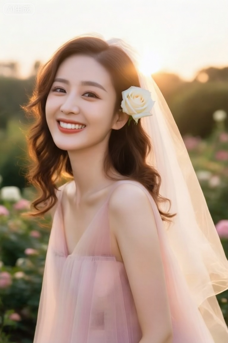  ,一位新娘在傍晚的花园中,牛仔镜头。她穿着一件轻盈的A字裙摆婚纱,头纱随意地披散下来。妆容是浪漫的粉棕色调,发型是慵懒的波浪卷发,耳边别着一朵新鲜的白色玫瑰。她沐浴在黄金小时的逆光中,阳光为她的发丝和头纱勾勒出金色的轮廓光,脸上洋溢着自然、幸福的大笑,笑容极具感染力。

**摄影参数：** 户外逆光人像,使用蔡司Batis 85mm f/1.8 镜头拍摄,f/2.2 光圈。利用日落前的逆光拍摄,使用银色反光板将光线反射至面部,确保脸部明亮通透。ISO 200,快门速度1/500s。

**画质与细节：** 充满空气感和幸福感。清晰可见被阳光照透的发丝和头纱、皮肤上细微的绒毛、花朵的新鲜水润感以及眼中有神的眼神光。画面色调温暖,高光柔和,阴影有细节,捕捉到最真实动人的情感瞬间,杜绝任何摆拍僵硬感。