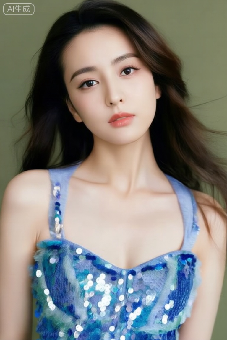 上半身真实照片,真人肌肤纹理,4K画质,美女写真艺术照,简单背景,面对镜头,下额微抬起,表情深邃,长发轻飘,蓝色亮片裙, 