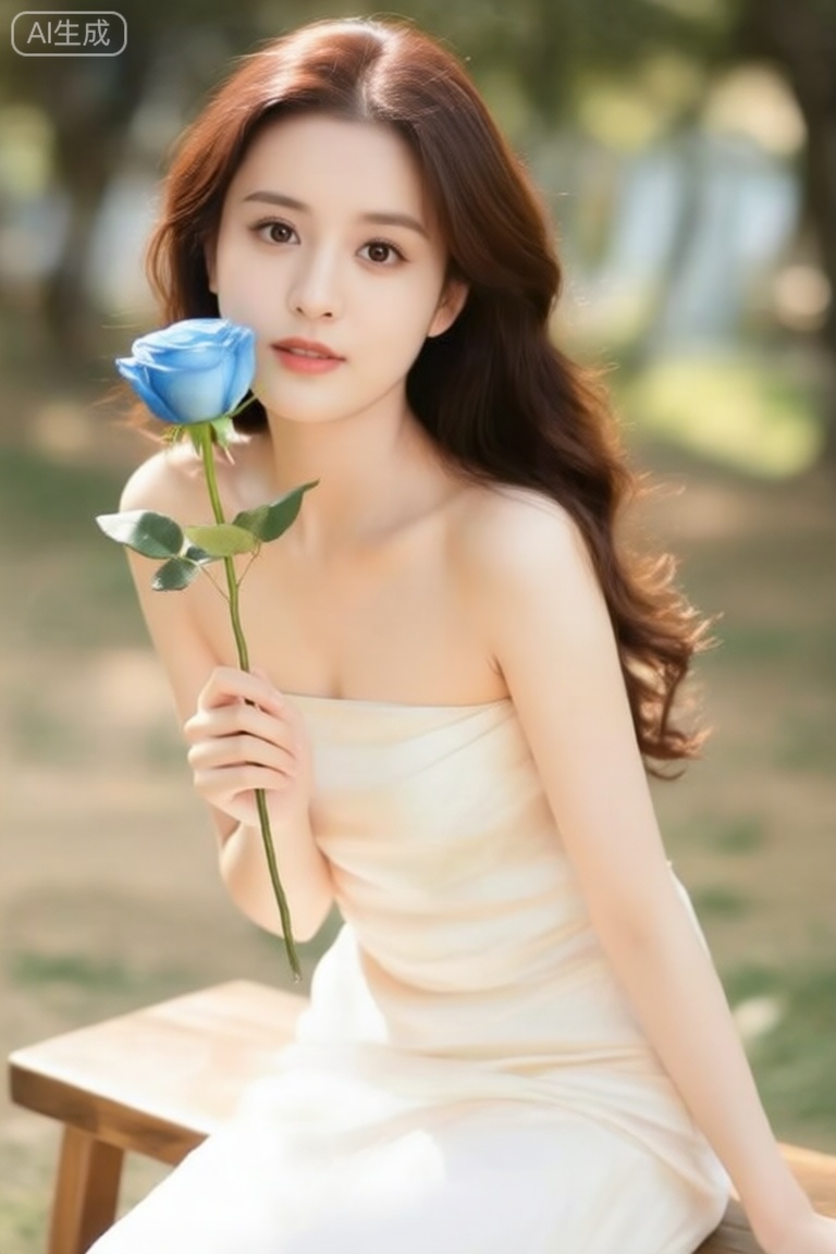 超现实温暖的电影全身拍摄摄影,柯达专业波特拉160,1个女孩,looking_at_viewer,,,逼真,,照片姿势,动态姿势,,eluosi ,良好解剖结构,真人肌肤纹理, 4K画质,完美身材, 这张照片描绘了一位年轻女子坐在木凳上,手里拿着一朵蓝玫瑰。 她穿着一件无肩带连衣裙,头发垂下来,波浪造型宽松。 她的皮肤白皙,眼睛是深棕色的。她用右手把花举到脸上,左臂放在身边。 图像的背景是模糊的,但它似乎是一个户外环境,可能是一个公园或花园,在阳光明媚的日子里。 这张照片的气氛浪漫而亲密,暗示着这个女人可能在庆祝一个特殊的时刻,或者只是在享受一个安静的时刻。  