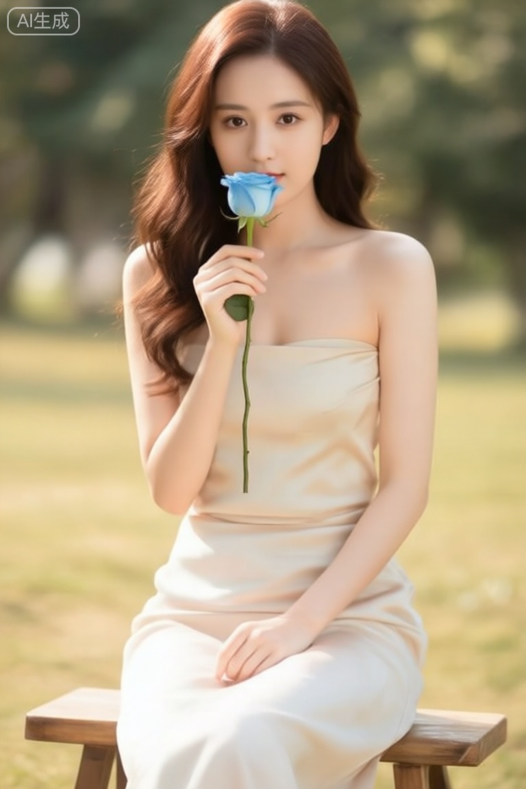 超现实温暖的电影全身拍摄摄影,柯达专业波特拉160,1个女孩,looking_at_viewer,,,逼真,,照片姿势,动态姿势,,eluosi ,良好解剖结构,真人肌肤纹理, 4K画质,完美身材, 这张照片描绘了一位年轻女子坐在木凳上,手里拿着一朵蓝玫瑰。 她穿着一件无肩带连衣裙,头发垂下来,波浪造型宽松。 她的皮肤白皙,眼睛是深棕色的。她用右手把花举到脸上,左臂放在身边。 图像的背景是模糊的,但它似乎是一个户外环境,可能是一个公园或花园,在阳光明媚的日子里。 这张照片的气氛浪漫而亲密,暗示着这个女人可能在庆祝一个特殊的时刻,或者只是在享受一个安静的时刻。 