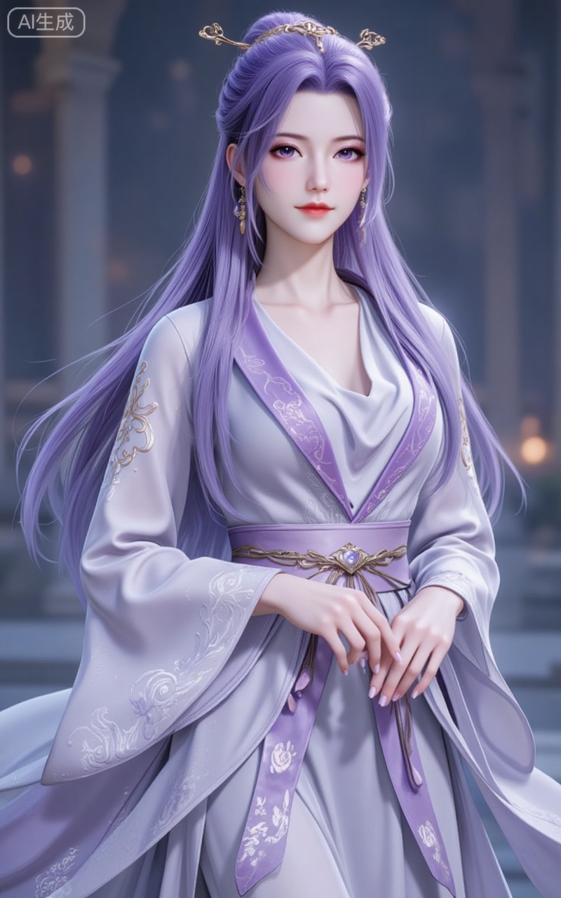 1girl, solo, long hair, looking at viewer, hair ornament, long sleeves, dress, purple eyes, upper body, purple hair, hair bun, chinese clothes,
yunxiaoxianzi,lvjing,baoshi