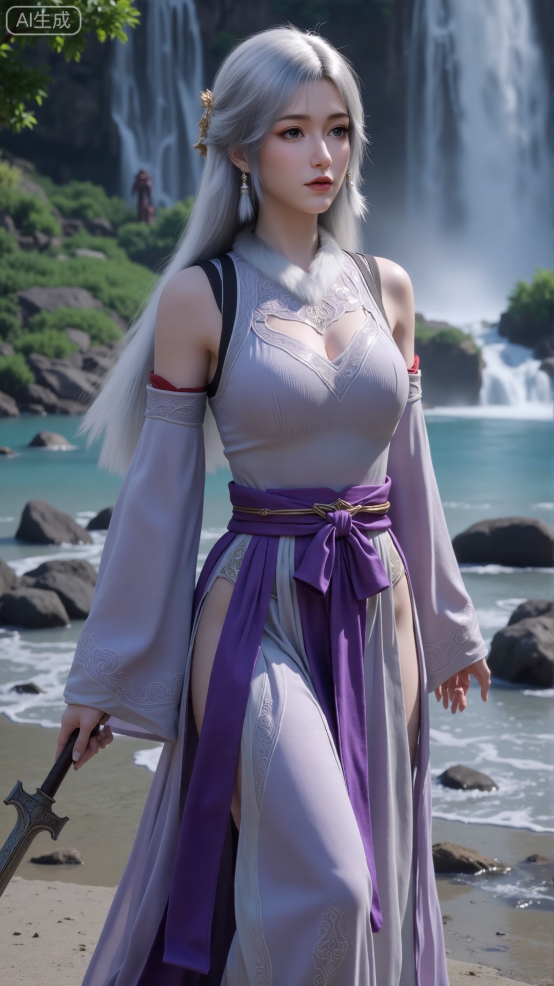 (masterpiece,best quality:1.23),Dominant sister-type girl, purple velvet ancient style long dress, perfect body, in a valley with a rushing waterfall, holding a long sword, sharp gaze, mist pervading, magnificent aura.(huge breasts, full breasts:2.99),,,Xbigbreasts,XbaifengsongyuYH,XzhouzimoH,XliancangH,XmupeilingHongyi,XyinyueX3