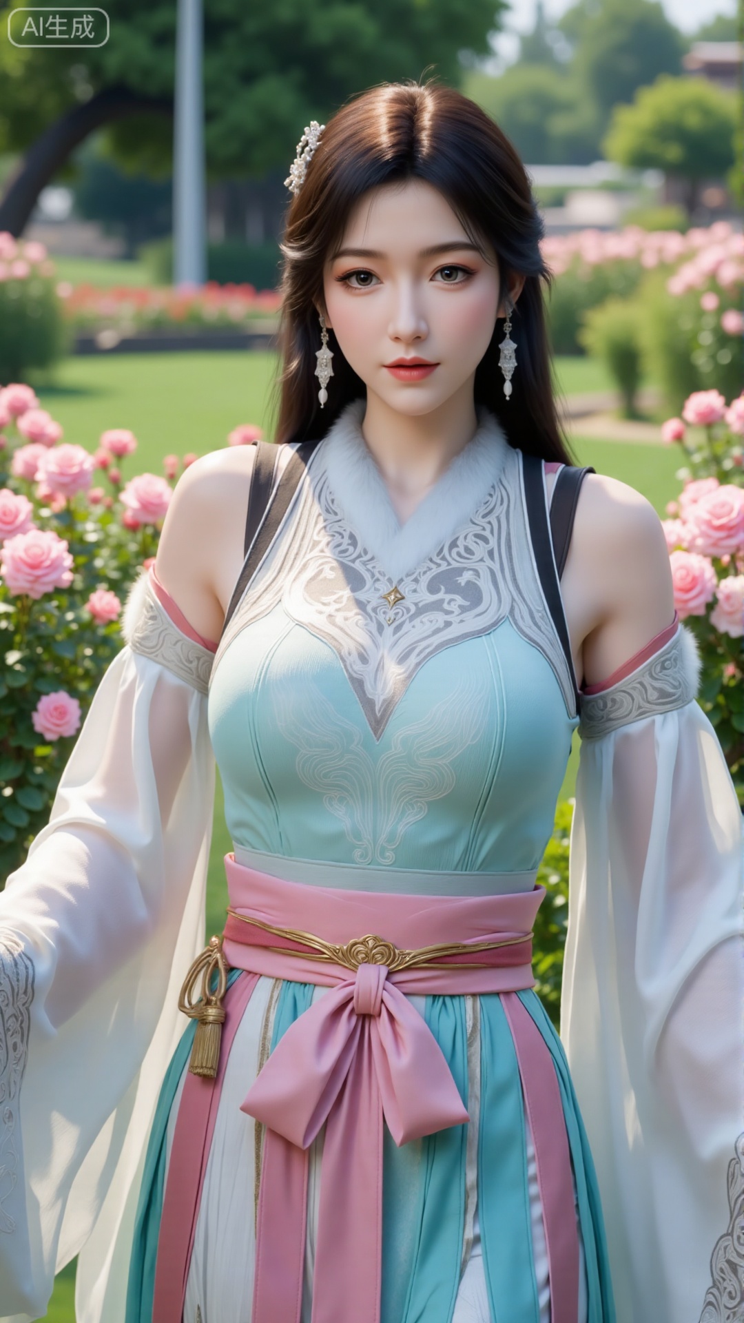 (masterpiece:1.2),best quality,,A woman adorned in traditional Chinese attire,( dress,black long hair),featuring a flowing robe with intricate embroidery and floral accents. A garden filled with pink roses and lush greenery. Soft pastel hues of white,blue,and green,creating a serene atmosphere. Photorealistic photography.,(huge breasts:2.99),(full breasts:2.99),,,,Xbigbreasts,XbaifengsongyuYH,XzhouzimoH,XliancangH,XmupeilingHongyi,XyinyueX3