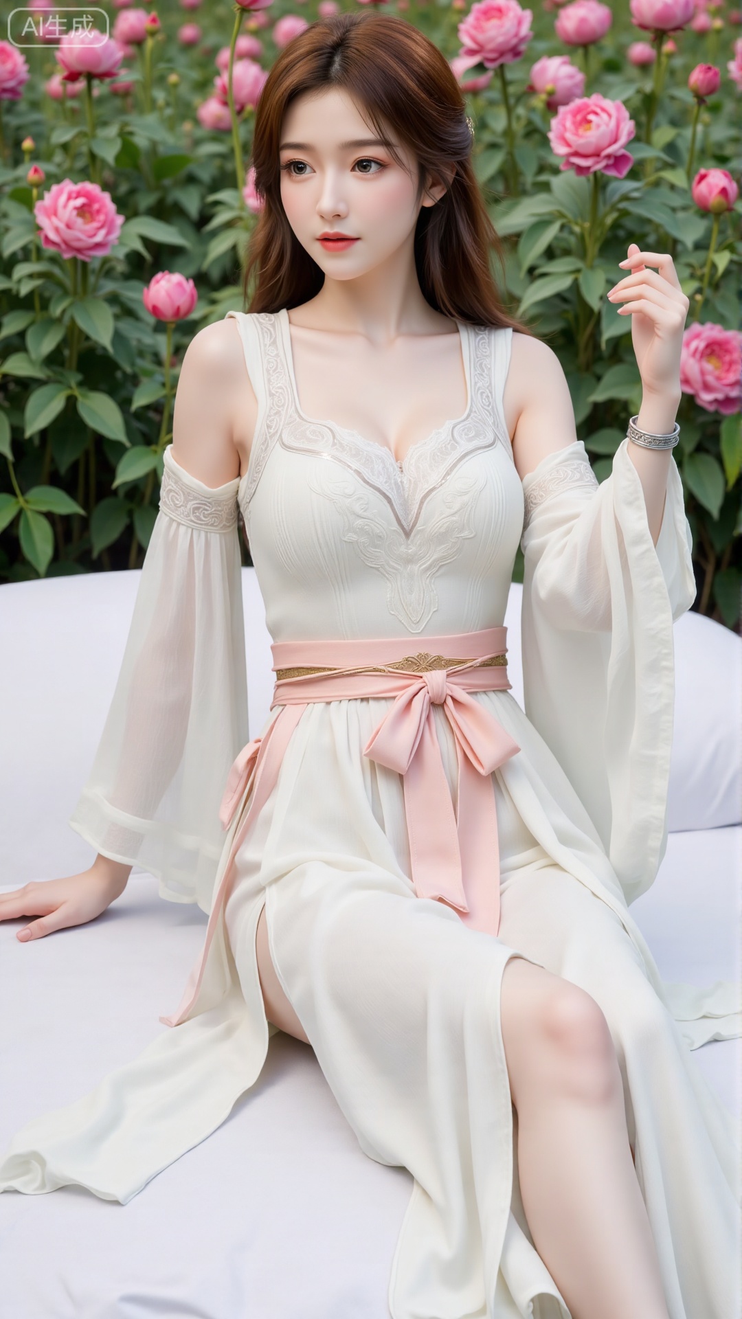 (masterpiece,best quality:1.23),In the picture, a young woman is sitting on a white peony bed. She was wearing a long dress with a heart-shaped neckline and long-sleeved style. She crossed her legs, leaned against a white blanket, and raised her feet upwards. She has long brown hair and a few silver bracelets on her wrist. The background is full of pink flowers and green leaves, creating a peaceful and peaceful atmosphere. The whole picture gives people a dreamy and extremely romantic feeling..(huge breasts, full breasts:2.99),,,Xbigbreasts,XbaifengsongyuYH,XzhouzimoH,XliancangH,XmupeilingHongyi,XyinyueX3