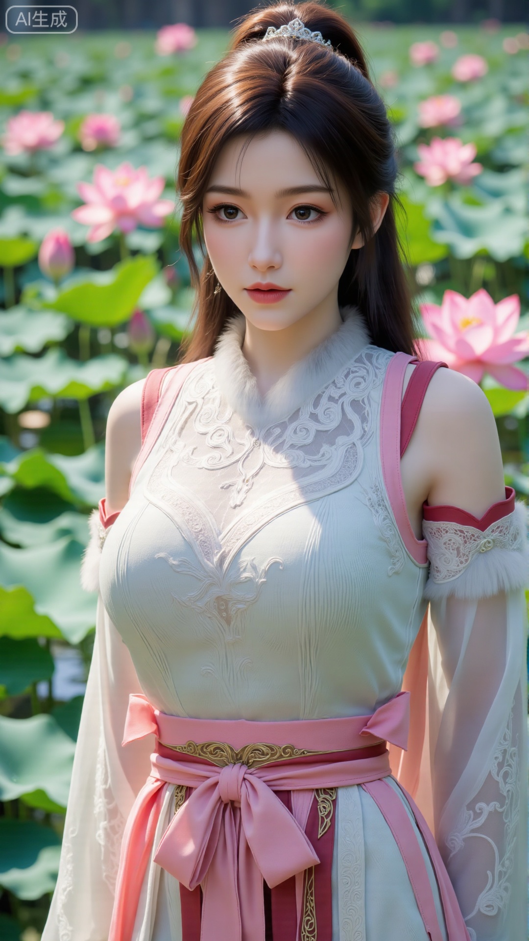 (masterpiece, best quality:1.2),1girl, navel, solo, midriff, bare shoulders, hair ornament,(long hair),(High double ponytail:1.49), red lips, BREAK, (looking at viewer:1.39), chinese clothes,(Holographic Color long dress:1.36), (lace,Rainbow Gradient Color:1.28), BREAK,blurry, solo focus, long hair, lips, daytime, lipstick, outdoors, standing,upper body,(huge breasts:2.89), background, solo, makeup,(Stockings, high heels:1.29),(huge breasts:2.99),(full breasts:2.99),,(Background with lotus pond and pink lotus flowers:1.39),,,,Xbigbreasts,XbaifengsongyuYH,XzhouzimoH,XliancangH,XmupeilingHongyi,XyinyueX3