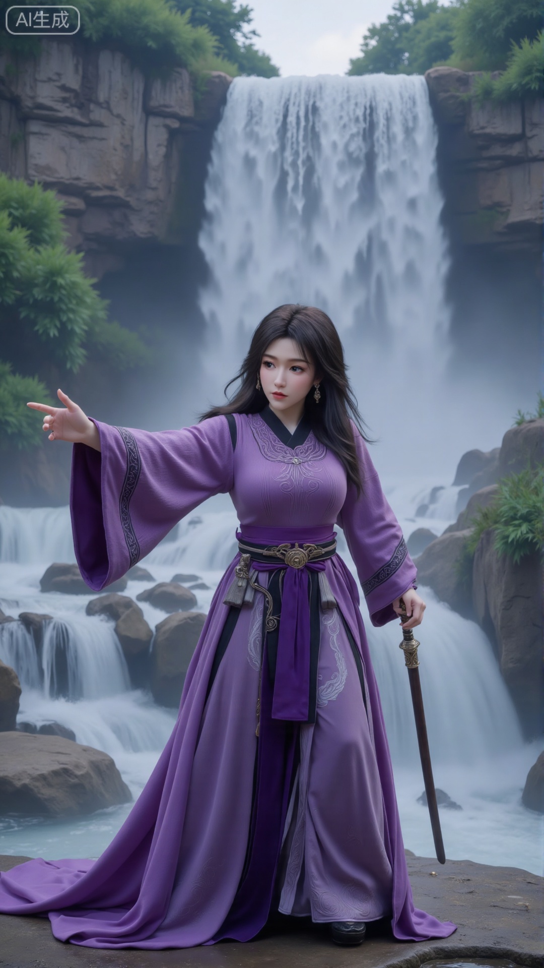 (masterpiece,best quality:1.23),Dominant sister-type girl, purple velvet ancient style long dress, perfect body, in a valley with a rushing waterfall, holding a long sword, sharp gaze, mist pervading, magnificent aura.(huge breasts, full breasts:2.99),,,Xbigbreasts,XbaifengsongyuYH,XzhouzimoH,XliancangH,XmupeilingHongyi,XyinyueX3
