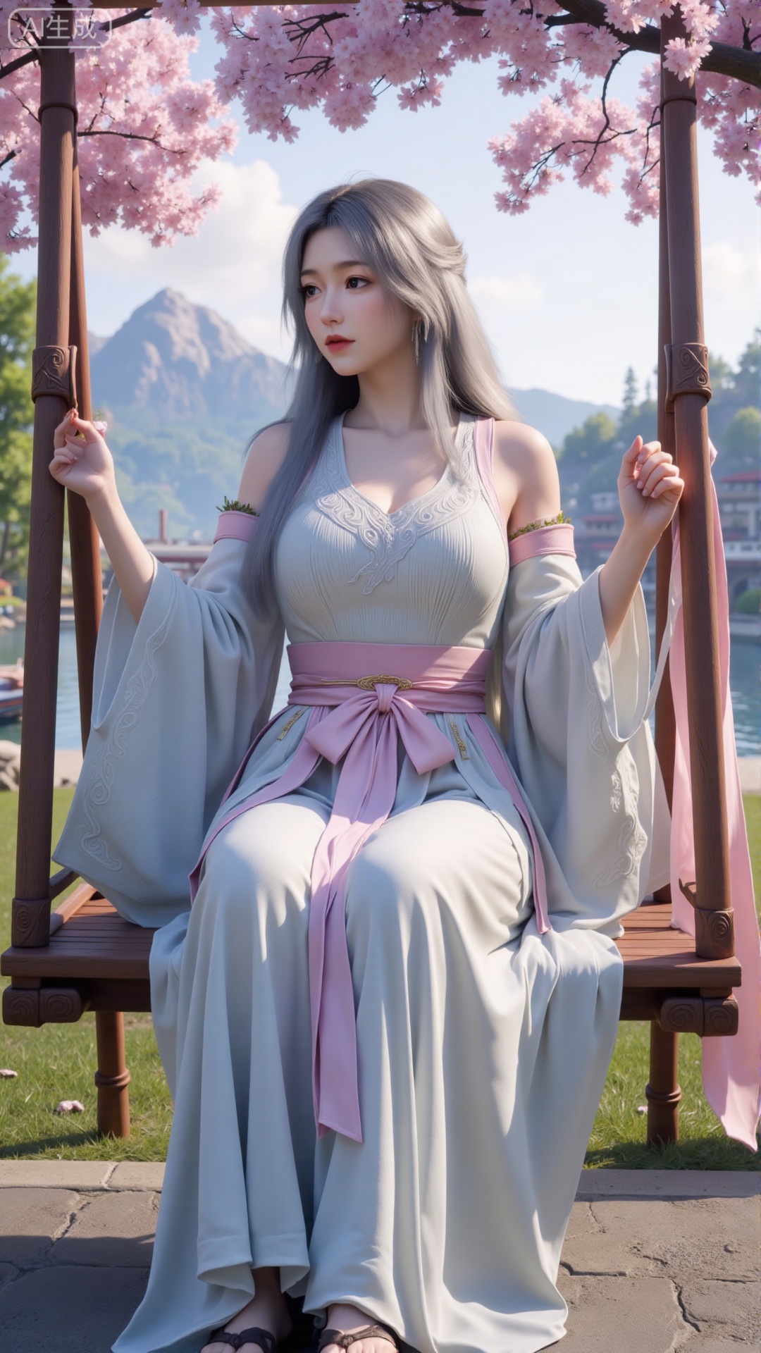 (masterpiece, top quality, best quality, official art, beautiful and aesthetic:1.2),Dynamic posture,(Sitting on the swing:1.39),natural skin texture,(Milky skin:1.2),1gir,solo,long Dress, (Long legs, perfect proportions:1.2),(Sakura, butterfly:1.29),(huge breasts:2.99),(full breasts:2.99),Wisteria, wisteria flowers, castle, waterfall, mountains in the distance,,,,Xbigbreasts,XbaifengsongyuYH,XzhouzimoH,XliancangH,XmupeilingHongyi,XyinyueX3