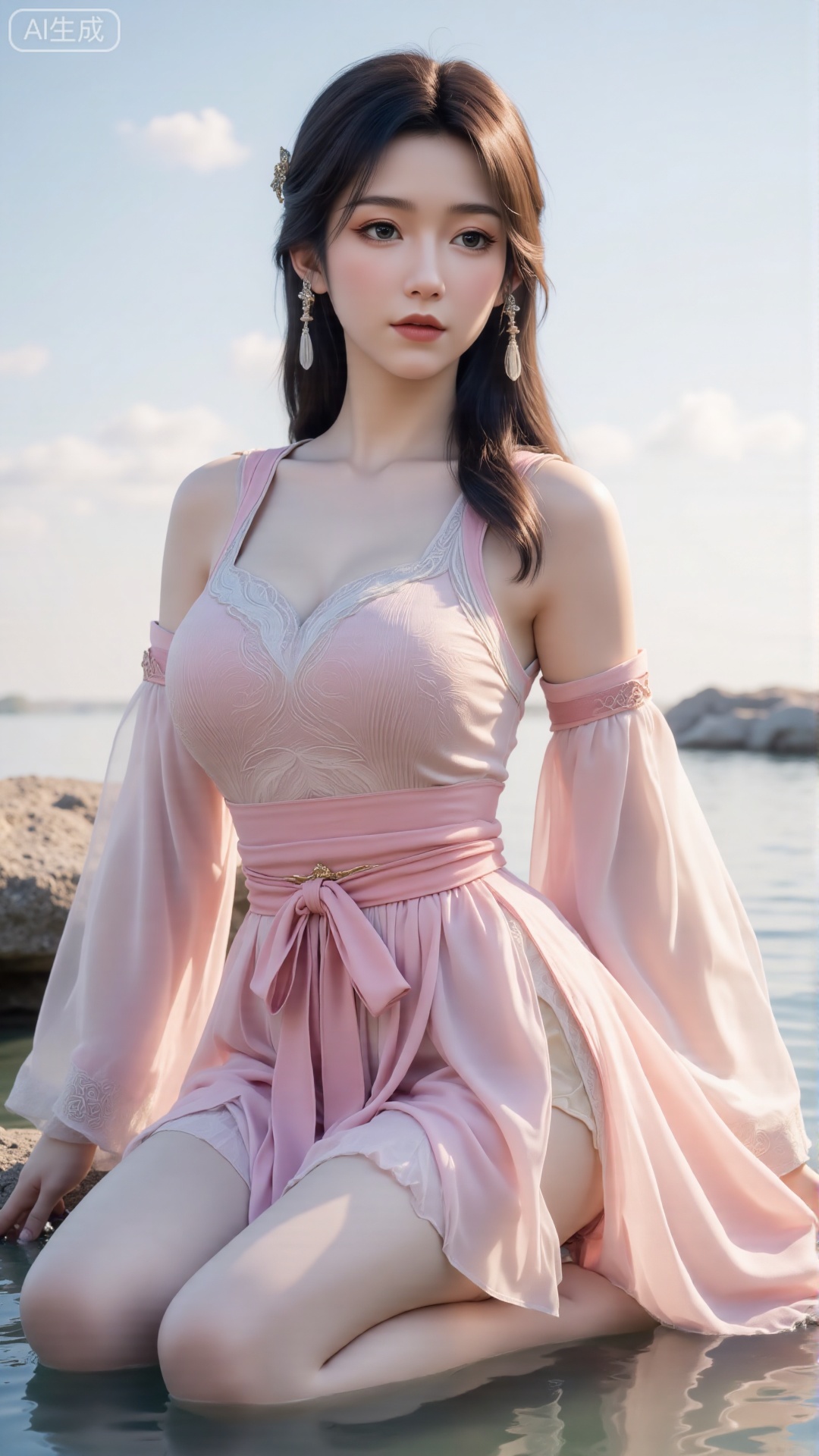 (masterpiece,best quality:1.23),screen description On the clear shallow water, the low angle shot presents a unique perspective, focusing on the woman in a light pink gauze suspender dress. Her long hair hangs gently, and the exquisite accessories between her hair add a bit of fairy spirit. The legs overlap gracefully, sitting cross-legged. As the skirt hem is naturally sagging, coupled with the shooting of the low camera position, the edges of the light pink safety pants are quietly revealed. He stepped on the water barefoot steadily, and his slender heels and thin anklets swayed gently with the water waves. She gently supported one hand against the stone, her posture relaxed but had an elegant rhythm, her back was naturally straight and her shoulder line was stretched. The thin fabric of the suspender skirt was close to her body, and it looked smooth and shiny against the backdrop of water. She looked at the camera, her face was delicate, her eyebrows and eyes were filled with a cold fairy spirit, and the seemingly faint curve of the corners of her mouth added a bit softer. The sky behind me is light and soft, blending with the reflection on the water. The 8K-level picture quality accurately presents the light texture of the clothes and the delicate patterns of the hair, like a cold fairy walking out of the fairyland scroll. The low angle further highlights the character's slender figure, with the hem of the skirt, water waves, barefoot and transparent black silk intertwining a ethereal and beautiful dreamy atmosphere. Every detail tells the poetry flowing in the static picture.(huge breasts, full breasts:2.99),,,Xbigbreasts,XbaifengsongyuYH,XzhouzimoH,XliancangH,XmupeilingHongyi,XyinyueX3