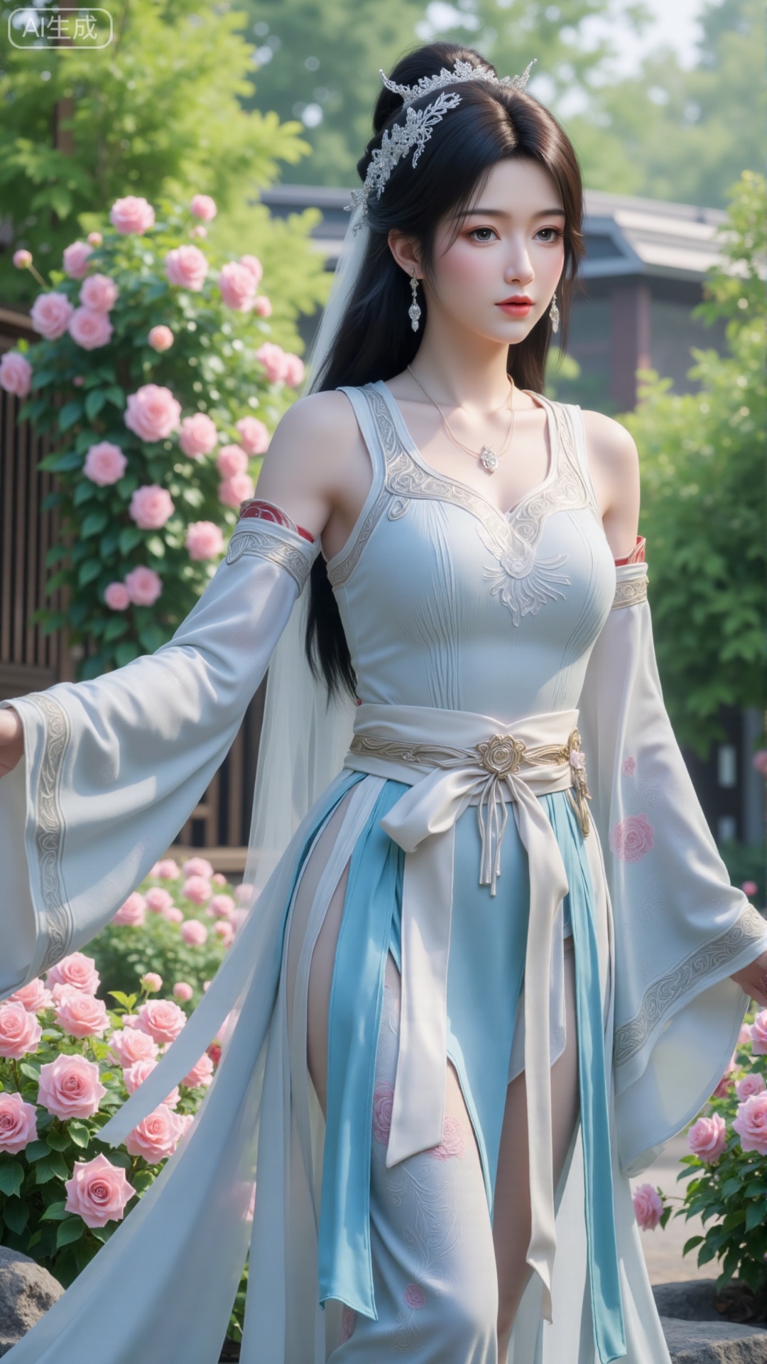 (masterpiece:1.2),best quality,,A woman adorned in traditional Chinese attire,( dress,black long hair),featuring a flowing robe with intricate embroidery and floral accents. A garden filled with pink roses and lush greenery. Soft pastel hues of white,blue,and green,creating a serene atmosphere. Photorealistic photography.,(huge breasts:2.99),(full breasts:2.99),,,,Xbigbreasts,XbaifengsongyuYH,XzhouzimoH,XliancangH,XmupeilingHongyi,XyinyueX3
