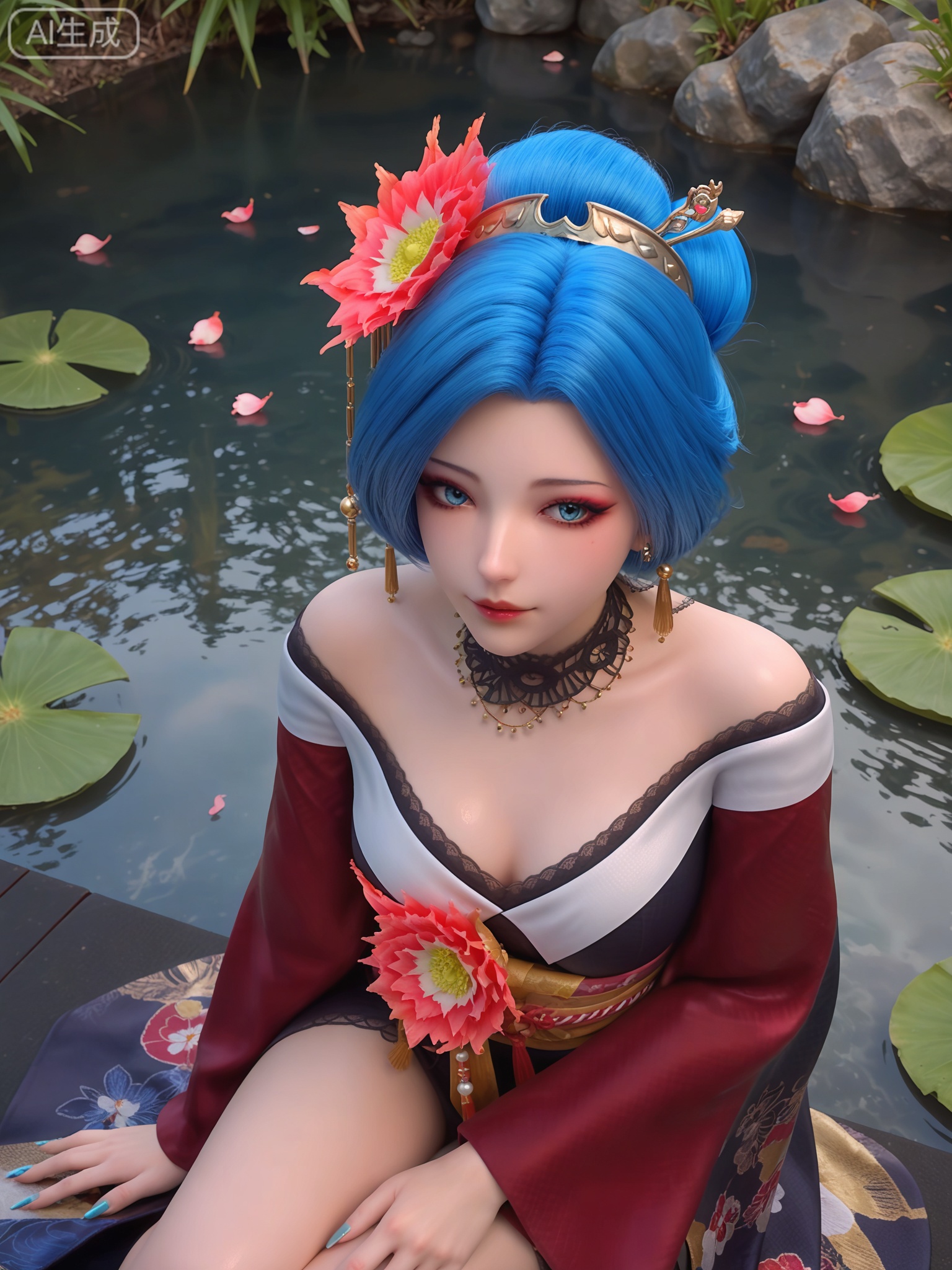 score_9,score_8_up,score_7_up,realistic,photorealistic,1girl,solo,looking_at_viewer,realistic,1girl,Vivid Colors,bright environment,delicate water,hair_ornament,shiny skin,shiny hair,reflection,flower sea,falling petals,extreme detail description,(full body:0.5),blue hair,(skindentation:1.3),bright,sunshine on face,light,sitting_down,reflection,leg slimming,lose weight,slim hips,earrings,hair ornament,necklace,make up,eyeshadow,eyeliner,eyelashes,hair flower,blue eyes,short hair,japanese clothes,makeup,kimono,hair bun,nail polish,off shoulder,long_sleeves,red sleeves,
