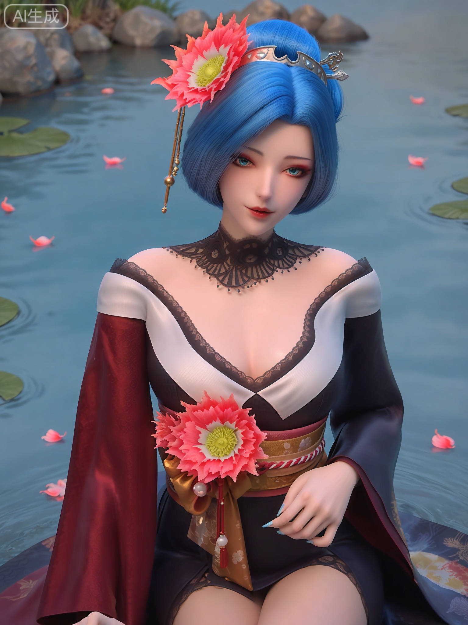 score_9,score_8_up,score_7_up,realistic,photorealistic,1girl,solo,looking_at_viewer,realistic,1girl,Vivid Colors,bright environment,delicate water,hair_ornament,shiny skin,shiny hair,reflection,flower sea,falling petals,extreme detail description,(full body:0.5),blue hair,(skindentation:1.3),bright,sunshine on face,light,sitting_down,reflection,leg slimming,lose weight,slim hips,earrings,hair ornament,necklace,make up,eyeshadow,eyeliner,eyelashes,hair flower,blue eyes,short hair,japanese clothes,makeup,kimono,hair bun,nail polish,off shoulder,long_sleeves,red sleeves,