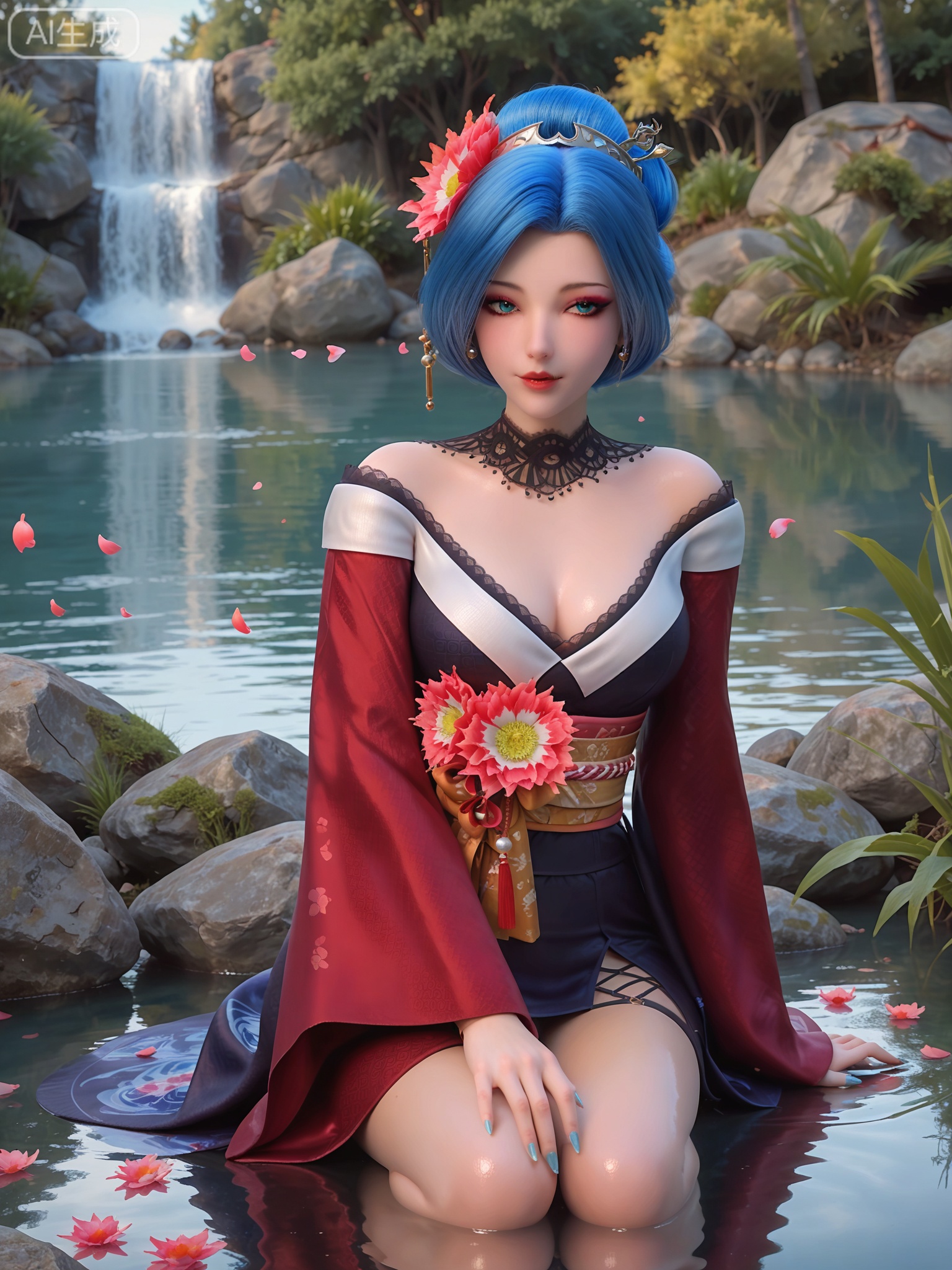 score_9,score_8_up,score_7_up,realistic,photorealistic,1girl,solo,looking_at_viewer,realistic,1girl,Vivid Colors,bright environment,delicate water,hair_ornament,shiny skin,shiny hair,reflection,flower sea,falling petals,extreme detail description,(full body:0.5),blue hair,(skindentation:1.3),bright,sunshine on face,light,sitting_down,reflection,leg slimming,lose weight,slim hips,earrings,hair ornament,necklace,make up,eyeshadow,eyeliner,eyelashes,hair flower,blue eyes,short hair,japanese clothes,makeup,kimono,hair bun,nail polish,off shoulder,long_sleeves,red sleeves,