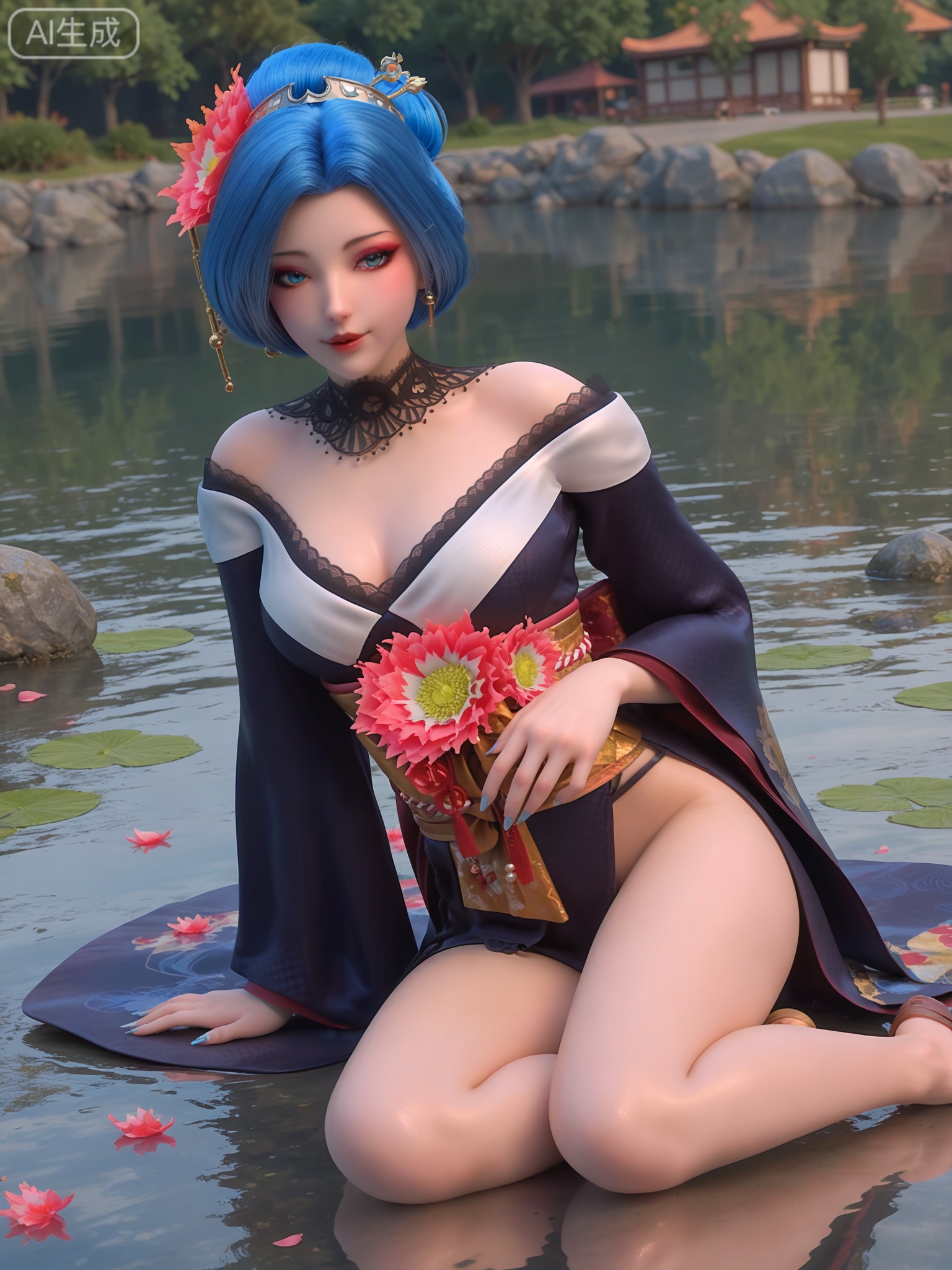 score_9,score_8_up,score_7_up,realistic,photorealistic,1girl,solo,looking_at_viewer,realistic,1girl,Vivid Colors,bright environment,delicate water,hair_ornament,shiny skin,shiny hair,reflection,flower sea,falling petals,extreme detail description,(full body:0.5),blue hair,(skindentation:1.3),bright,sunshine on face,light,sitting_down,reflection,leg slimming,lose weight,slim hips,earrings,hair ornament,necklace,make up,eyeshadow,eyeliner,eyelashes,hair flower,blue eyes,short hair,japanese clothes,makeup,kimono,hair bun,nail polish,off shoulder,