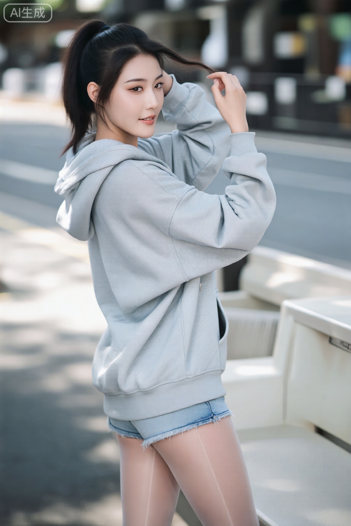镜头里的性感女性妆容清新,裸感底妆衬得肤色通透,浅棕色眉粉勾勒出自然眉形,一头高马尾利落又显活力。上身是oversize 的灰色连帽卫衣,衣摆随意垂到大腿中部,下身搭配浅牛仔短裤,露出的腿部裹着薄透的肉色丝袜,袜身贴合肌肤,既修饰腿型又不突兀。人像写真风格是日系休闲风,背景选在街边的浅色系长椅旁,阳光透过树叶洒下斑驳光影,捕捉她抬手拨头发的瞬间,随性中透着慵懒性感。
