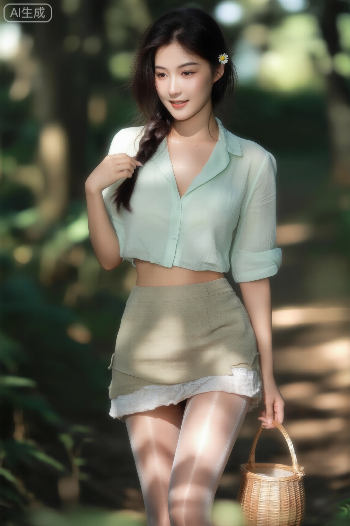 性感女性妆容淡雅,裸感底妆在林间散射光下透着自然光泽,眉形是柔和的野生眉,一头及腰长发编成松散麻花辫,发间别着小雏菊。上身是浅薄荷绿短款衬衫,下身搭配浅卡其色棉麻短裙,裙摆带着细碎褶皱,腿部肉色丝袜薄如蝉翼,光斑透过树叶落在袜面,形成明暗交错的层次感。背景是长满绿植的森林,她提着藤编小篮漫步,光影落在裙摆,清新氛围中藏着温柔性感。masterpiece, best quality, amazing quality, very aesthetic, absurdres, highres,模糊动态背景