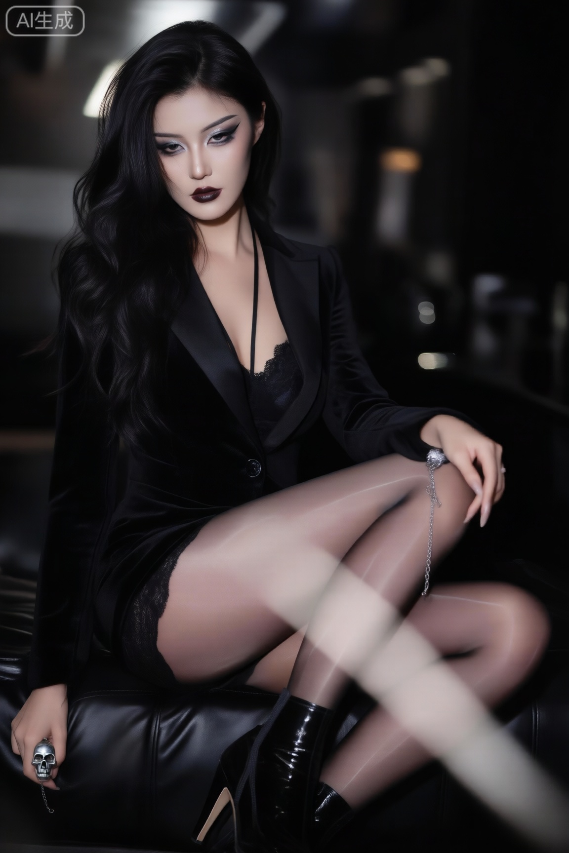 暗黑系浓艳性感职业女性坐姿人像写真：她留着及腰大波浪卷发,纯黑发丝泛着冷光,斜分刘海遮住半只眼睛,增添神秘感。眼妆是重口味暗黑烟熏妆,深黑眼影晕染至眉骨,叠加银色金属闪片,眼线锋利上挑,唇间涂暗黑血浆色哑光口红,气场慑人。身着黑色丝绒收腰西装套裙,内搭黑色蕾丝吊带,领口微开露出精致锁骨,肉色丝袜包裹双腿,踩黑色漆皮细跟长靴,双腿优雅交叠,坐在暗黑皮质沙发上,一手轻搭膝头,一手握着银色骷髅头手链,冷调聚光灯打在身上,阴影交错间尽显暗黑浓艳的性感。。masterpiece, best quality, amazing quality, very aesthetic, absurdres, highres,模糊动态背景