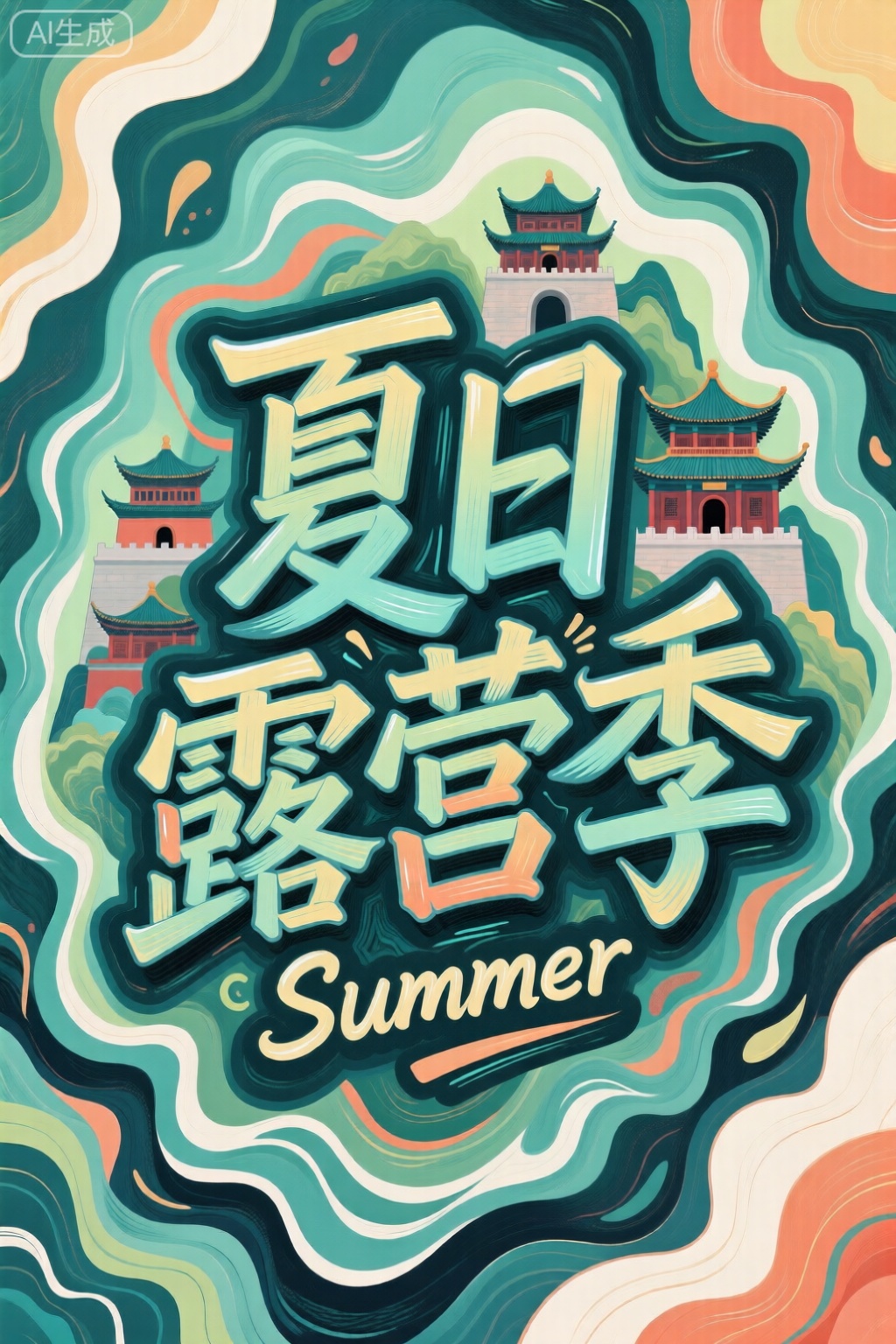 字体设计“夏日露营季”富有创意,创意手绘潮流字体,文字排版,高级艺术,英文“Summer”,标题周围点缀有古建筑图案,将字体进行抽象变形,创造出独特的节奏和动感