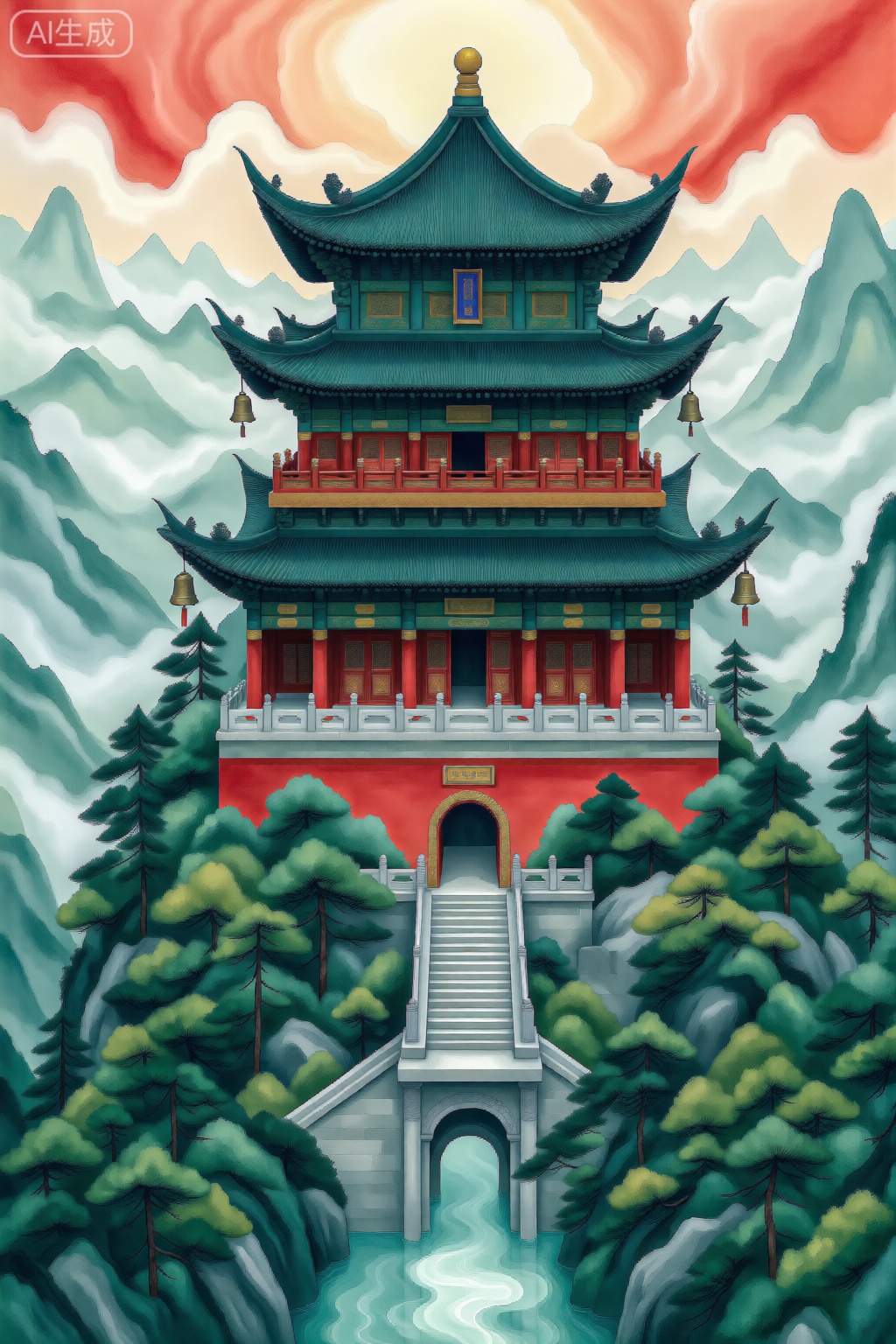 标题：古韵楼阁一座巍峨的中式古建筑,飞檐翘角,雕梁画栋,琉璃瓦顶在下熠熠生辉；整体为传统宫殿或楼阁风格,依山傍水,云雾缭绕,松柏掩体；红墙金饰,木构精巧,檐下悬挂铜铃与宫灯；前景有石阶、牌坊或小桥流水,远处群山淡影,天空霞光突变；画面风格为细腻插画,色彩优雅,光影柔和,带有中国水墨意境与工笔,表现细节宁静庄严的古典之美。