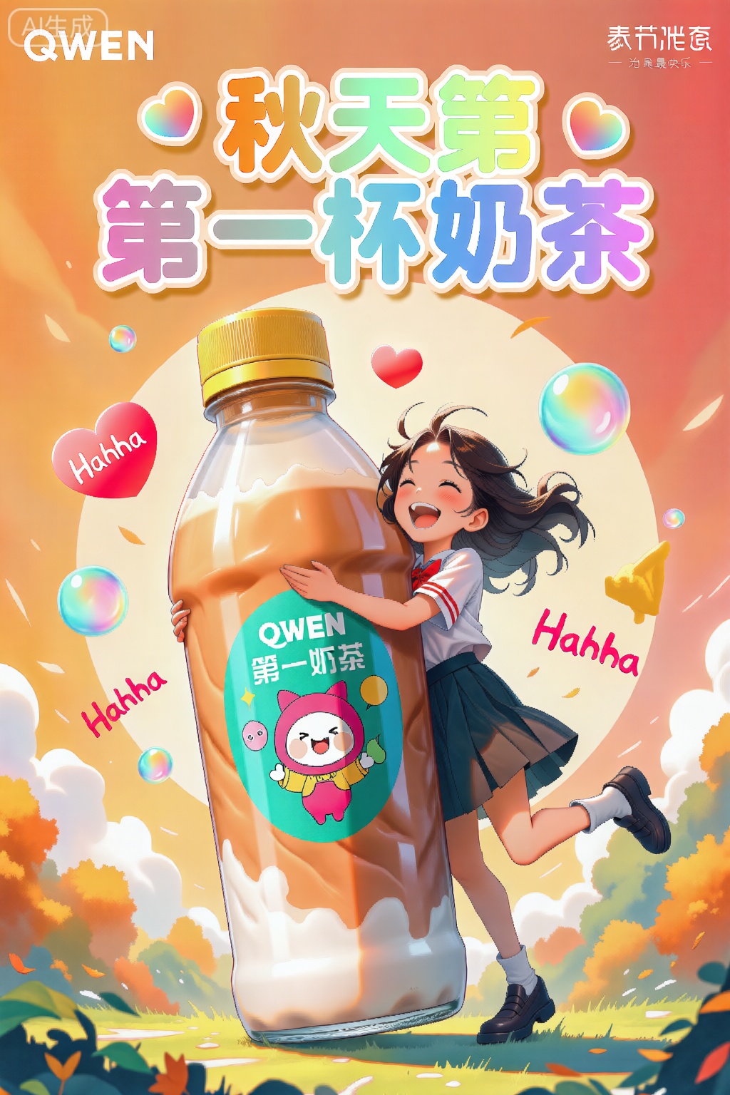 海报整体风格明亮活泼,以暖色调为主,营造出温暖而愉快的氛围。画面中央是一位笑容灿烂的年轻女生,身穿短裙,活力四射地拥抱一瓶巨大的QWEN奶茶。饮料瓶标签上设计有可爱卡通形象,增添亲和力和趣味性。周围点缀彩色气泡、爱心和“Hahaha”字样,烘托出轻松欢乐的氛围。标题“秋天第一杯奶茶”采用醒目渐变色字体,充满青春感与仪式感。整体画面洋溢着甜蜜与活力,传递出治愈和快乐的情绪,成为秋日里最温暖的陪伴。