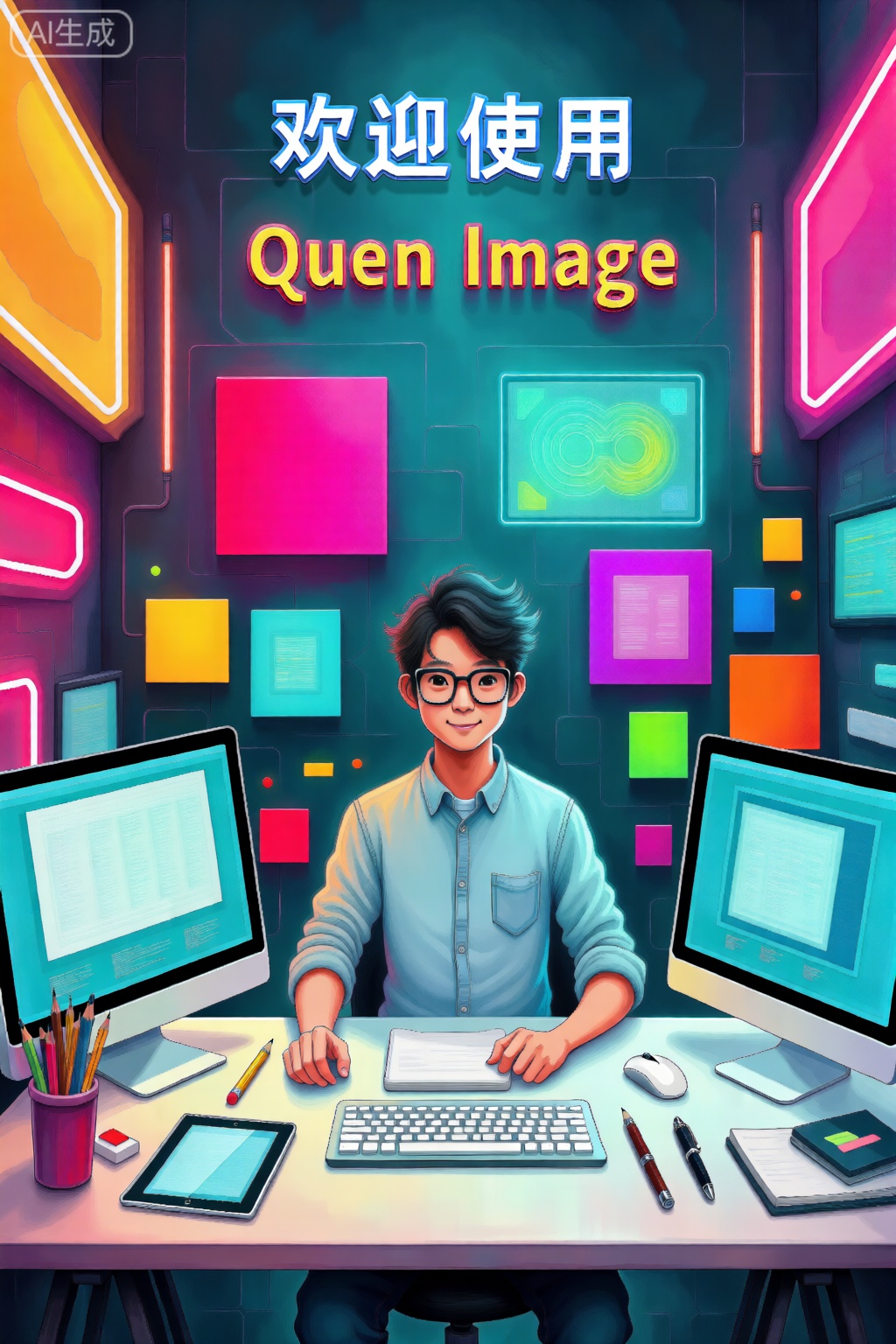 描绘了一个充满活力和色彩的场景,围绕着一个年轻人在一个充满科技的现代环境中工作。此人戴着眼镜,穿着淡蓝色衬衫,坐在一张桌子旁,桌子上装有多台电脑显示器、键盘、鼠标和各种文具,如铅笔、钢笔和平板电脑。背景中充满了霓虹灯、显示彩色图形的数字屏幕和各种彩色块,营造出一种充满活力和吸引力的氛围。文字“欢迎使用”和“Qwen Image”突出显示在顶部,表明关注数字或计算机相关内容。整体设置传达了一种创造力和创新感,可能与计算机编程或平面设计有关。