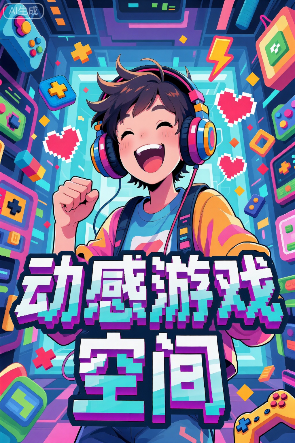 矢量插画,电玩潮流主题海报,背景是五彩缤纷的游戏道具与炫酷电玩空间,画面中央是一位年轻男孩,戴着夸张耳机,神态兴奋,笑容灿烂,充满青春与能量。她周围漂浮着像素爱心、电玩符号与游戏元素,营造出沉浸式的虚拟世界氛围。画面正中央保留大标题文字‘动感游戏空间’,字体立体像素风格,醒目有冲击力,没有任何小字或角标,整体风格潮流、热烈、充满电玩与青春张力。”