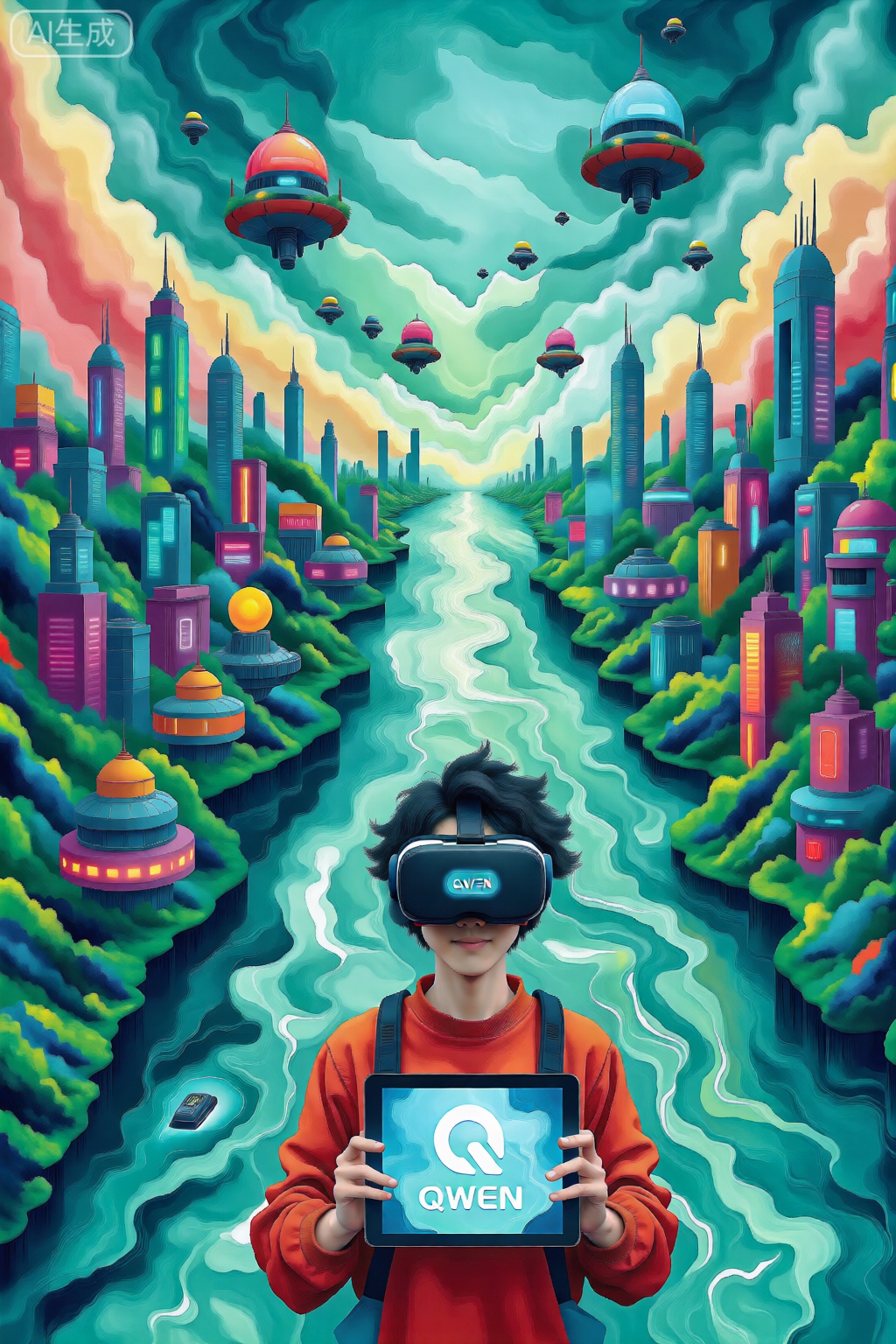 作品展现了一个充满色彩与科技感的未来城市,空中飞行器与悬浮建筑交织出梦境般的景象。前景中,戴着VR设备的年轻人手持显示QWEN标识的平板,仿佛在探索虚拟与现实融合的全新世界。流动的河道与霓虹建筑形成强烈视觉对比,传递无限可能与创意活力的品牌精神。