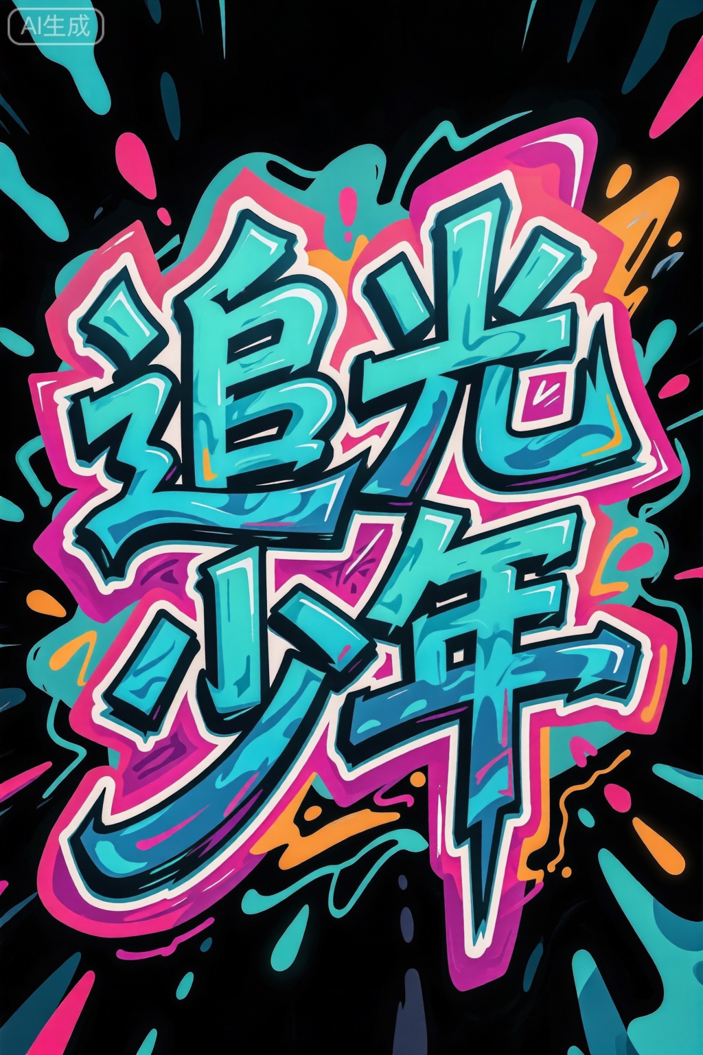 标题字体设计,文字“追光少年”极具个性和街头感的涂鸦字体,充满力度与不规则感流动的、跳跃的效果