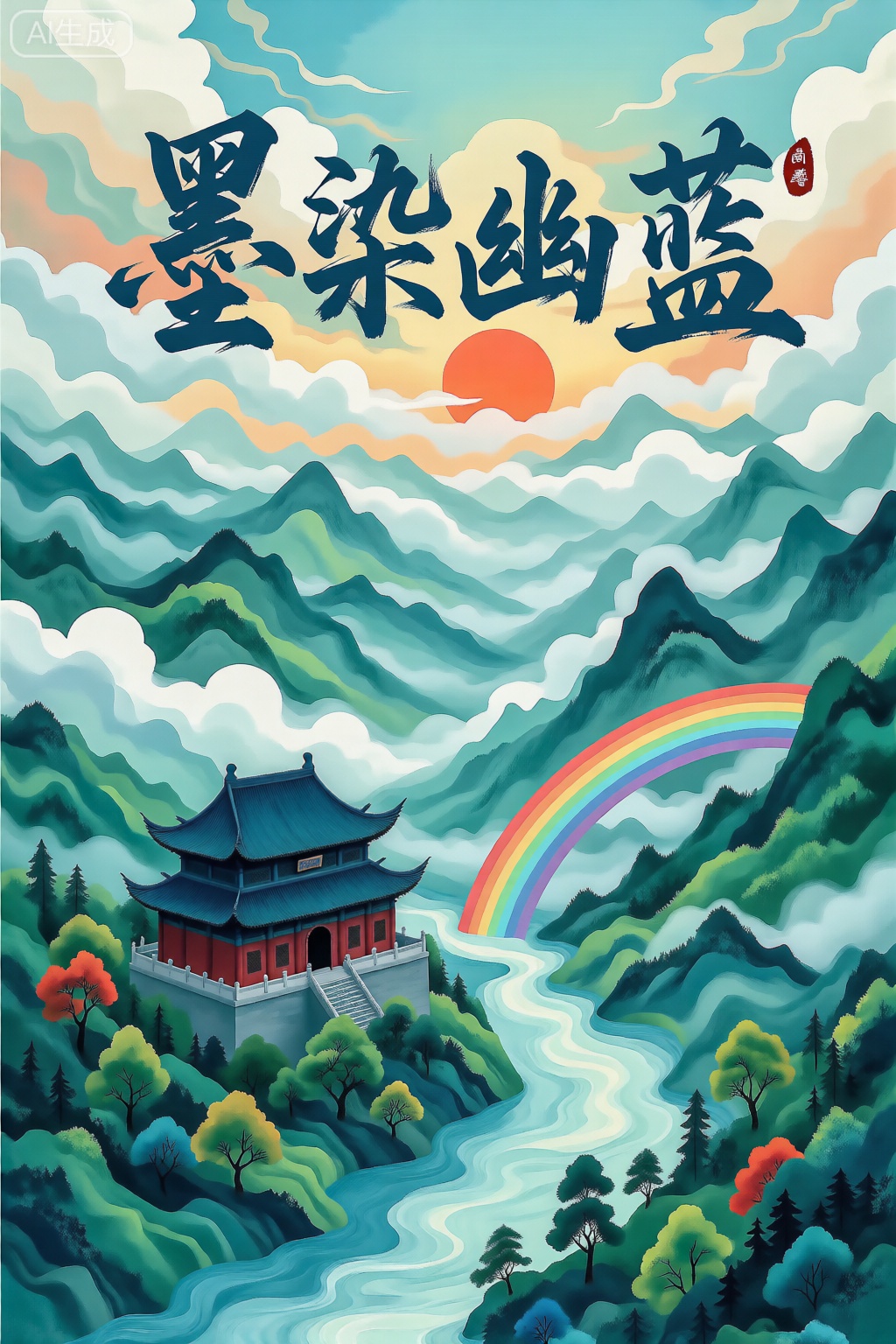 古建筑,标题：“墨染幽蓝”,标题是毛笔字体,字体粗广豪迈,云,天空,山川,落日,树木,河流,彩虹,视觉冲击力强,