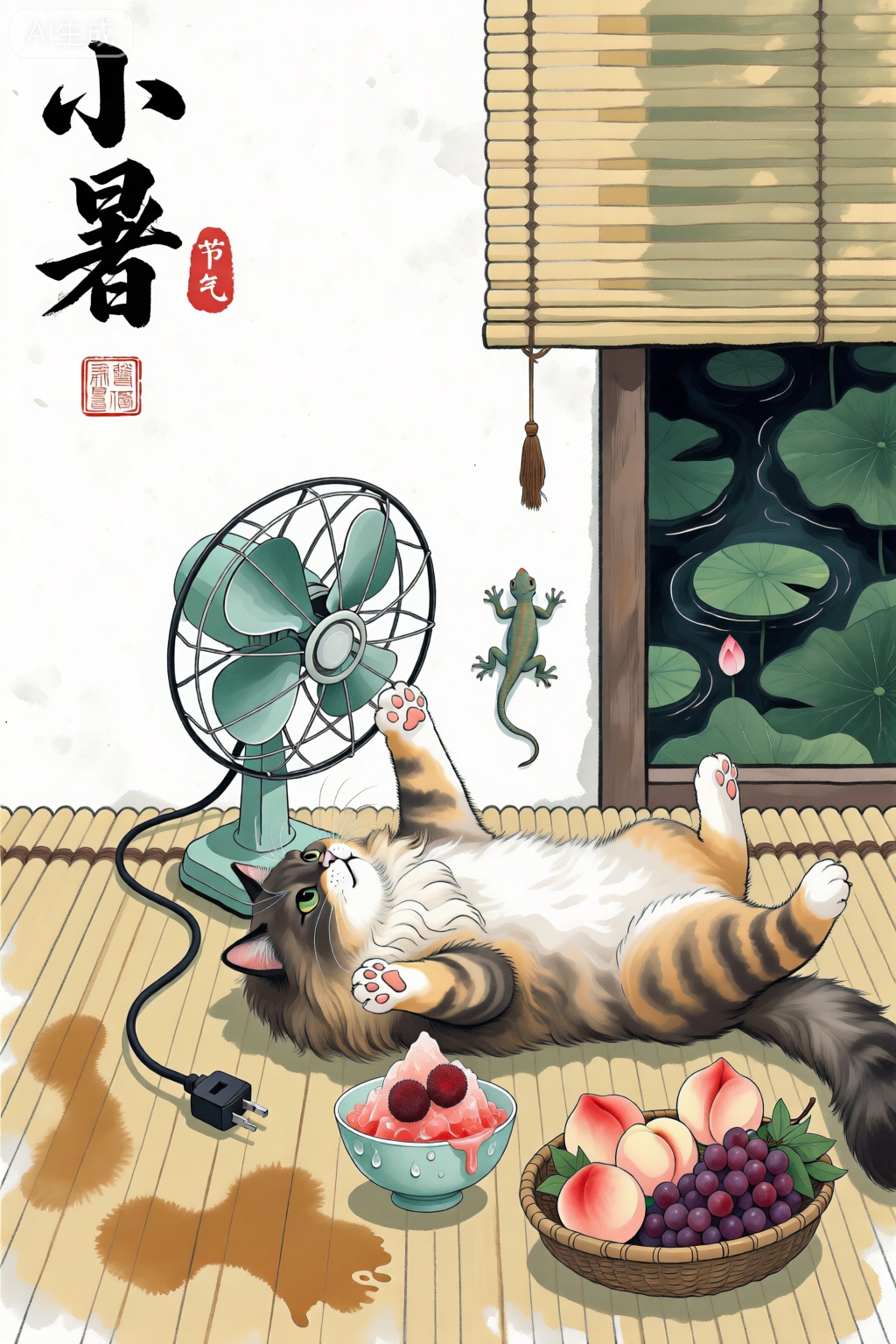 水墨淡彩风格插画海报,黑色线笔勾勒线条,暖黄褐色调：,长毛狮子猫仰躺露肚皮,前爪勾住翻倒的电风扇,身下竹席印出猫形汗渍背景元素：老式转页扇：插头悬空摇晃,扇叶变形表现动态消暑道具：青瓷碗里杨梅冰沙融化,碗壁凝结水珠果篮里面装了很多桃子和葡萄细节设计：猫爪肉垫呈浅粉色,有竹席压纹背景暗处藏一只偷冰的小壁虎背景有竹帘投射,竹帘卷起一半,外面是荷叶池塘画面有大量暖黄留白,[风格控制],- 质感：宣纸纹理叠加,边缘轻微渗墨,- 文字：上方左边竖排“小暑”老宋体,搭配朱文“节气”印章,和茶壶印章,