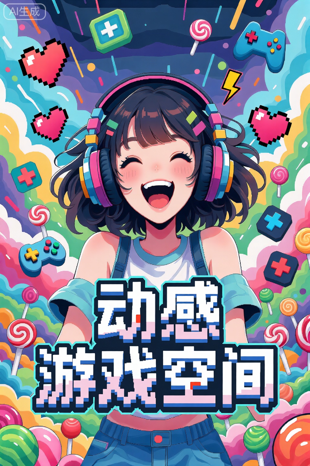 矢量插画,电玩潮流主题海报,背景是五彩缤纷的糖果世界与炫酷电玩空间,画面中央是一位年轻女孩,戴着夸张耳机,神态兴奋,笑容灿烂,充满青春与能量。她周围漂浮着像素爱心、电玩符号与游戏元素,营造出沉浸式的虚拟世界氛围。画面正中央保留大标题文字‘动感游戏空间’,字体立体像素风格,醒目有冲击力,没有任何小字或角标,整体风格潮流、热烈、充满电玩与青春张力。”