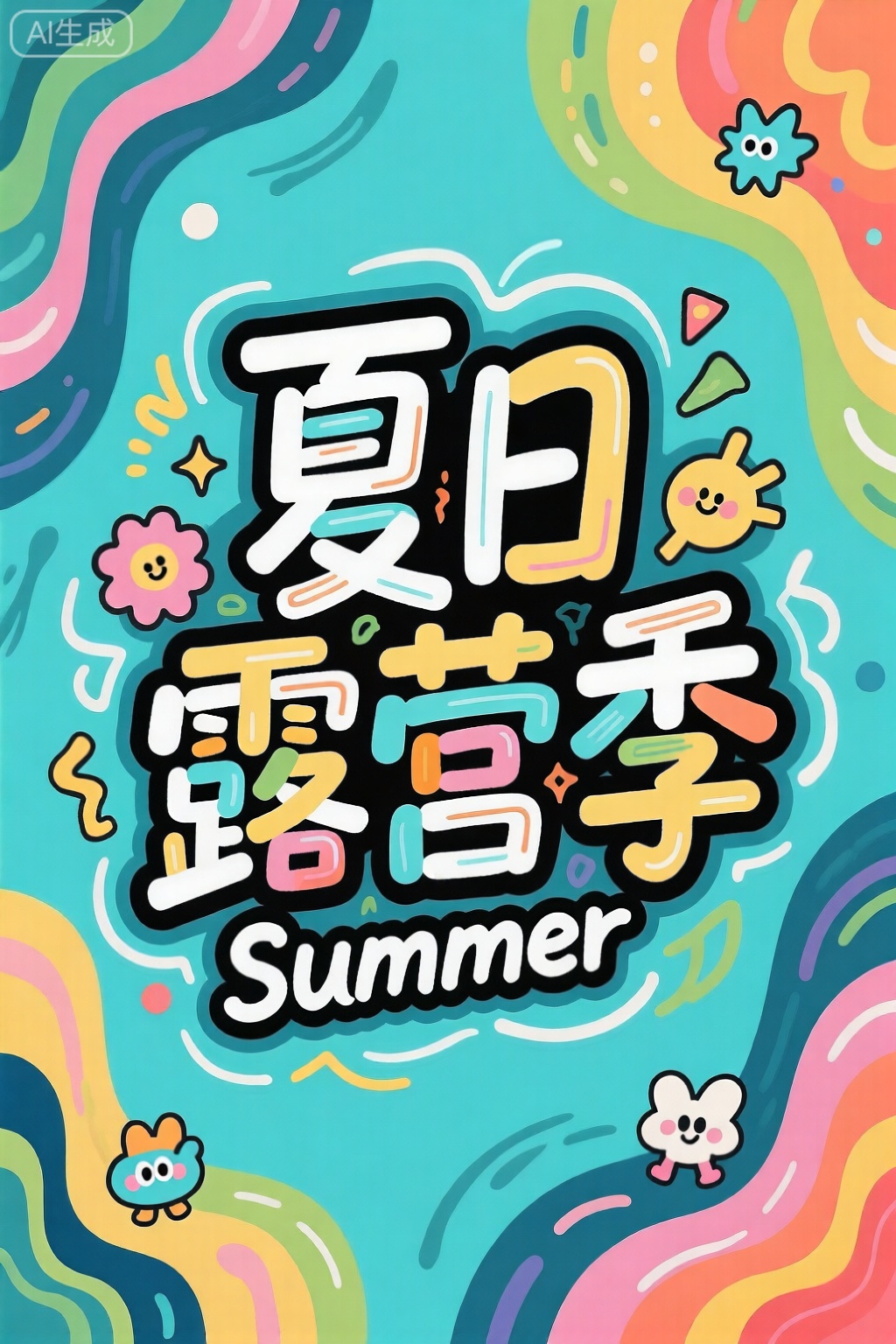 字体设计“夏日露营季”富有创意,创意手绘潮流字体,文字排版,高级艺术,英文“Summer”,标题周围点缀有卡通图案,将字体进行抽象变形,创造出独特的节奏和动感